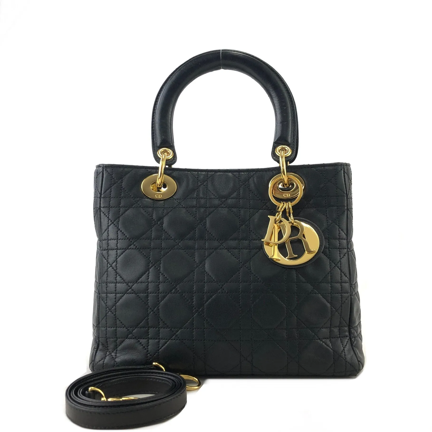 Christian Dior Cannage Ladydior Leather Two-way Handbag Shoulder bag Black Vintage khzzs3