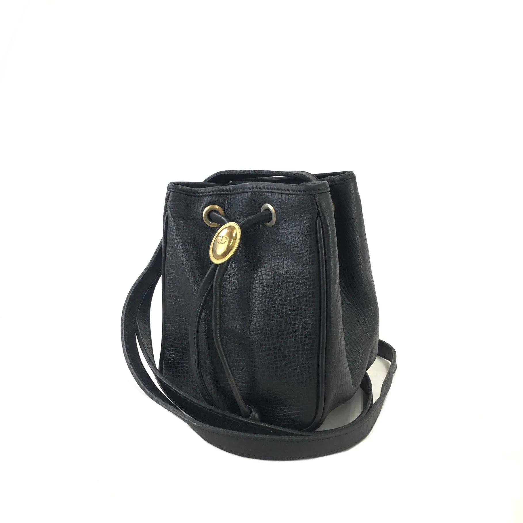 Christian Dior Logo Motif Leather Drawstring Shoulder bag Black Vintage gk34h7
