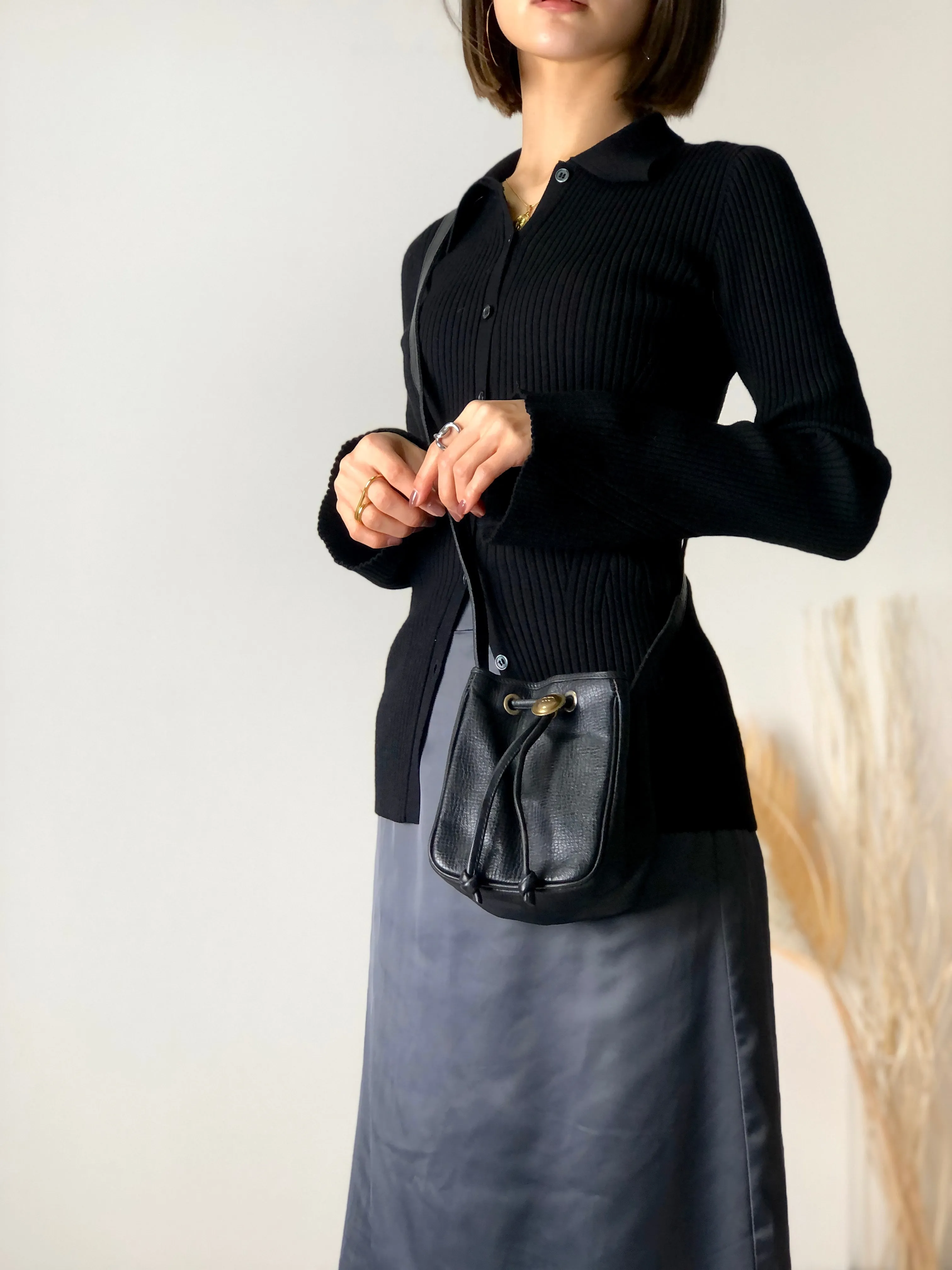 Christian Dior Logo Motif Leather Drawstring Shoulder bag Black Vintage gk34h7