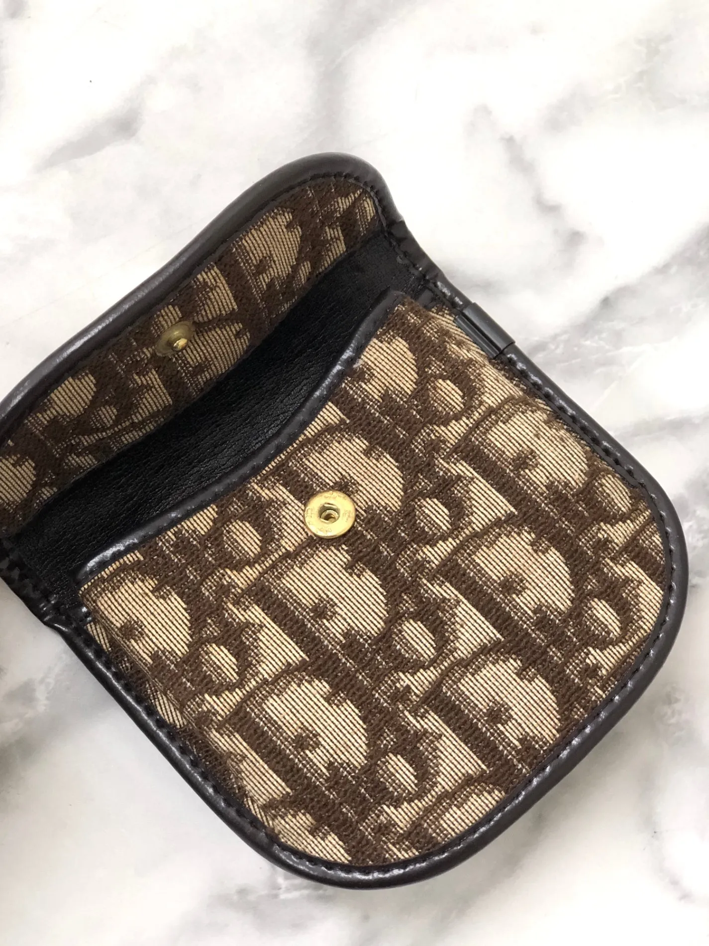 Christian Dior Trotter CD Logo Jacquard Leather Coin Purse Brown Vintage e3hgif