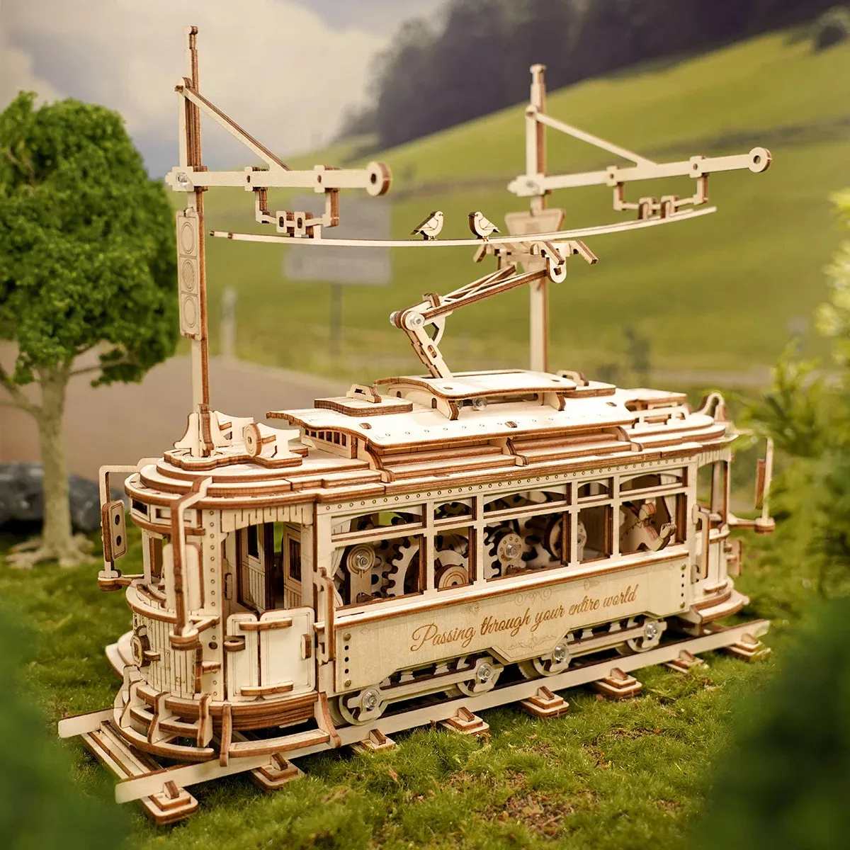 Classic City Tram 3D Wooden Puzzle Robotime DIY Mechanical Model Kit Handcraft Gift Home Decoration, Kids Christmas Gift C62