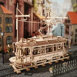 Classic City Tram 3D Wooden Puzzle Robotime DIY Mechanical Model Kit Handcraft Gift Home Decoration, Kids Christmas Gift C62