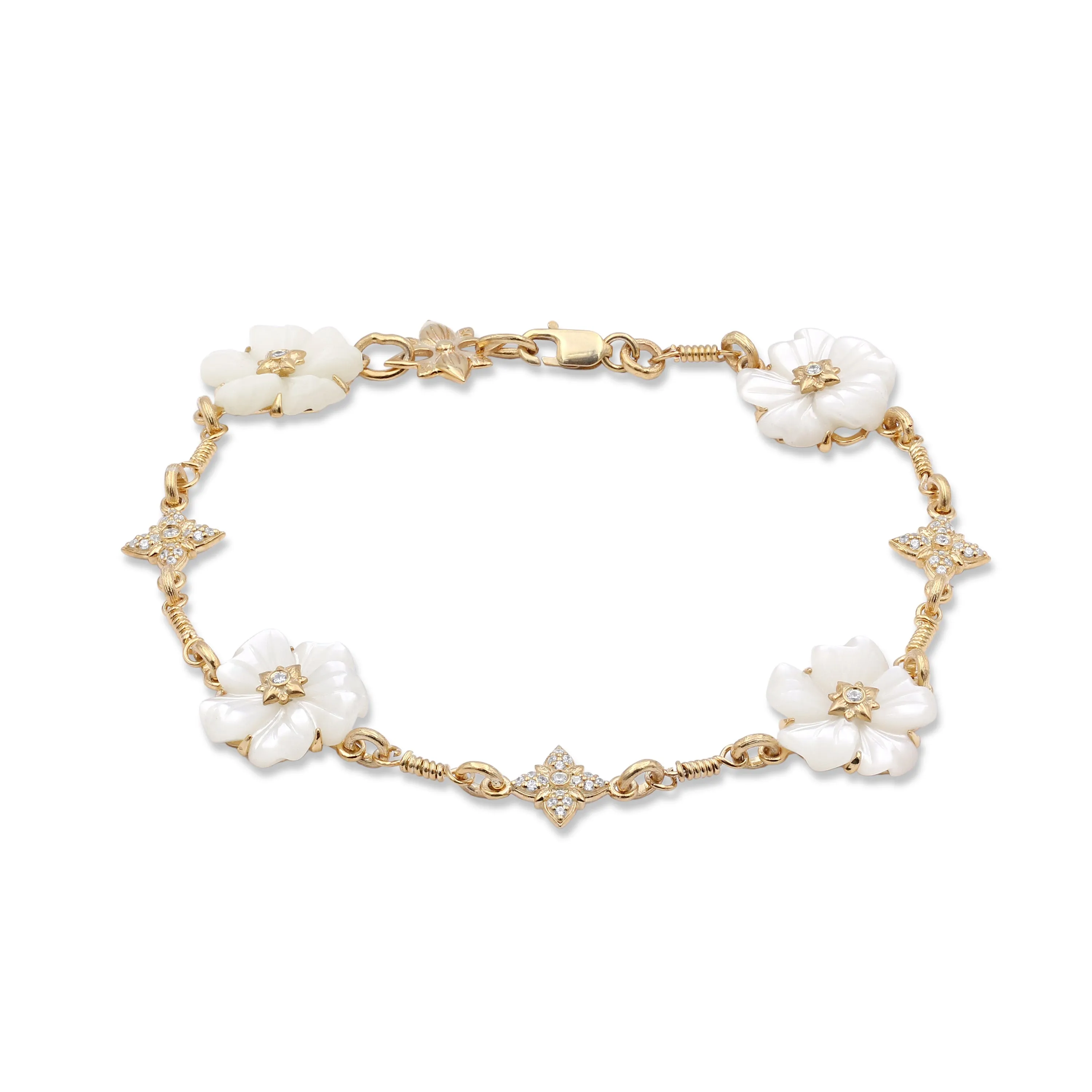 Colorbloom 14mm White Mother of Pearl Flower and White Diamond 0.35ct Bracelet in 18K Gold