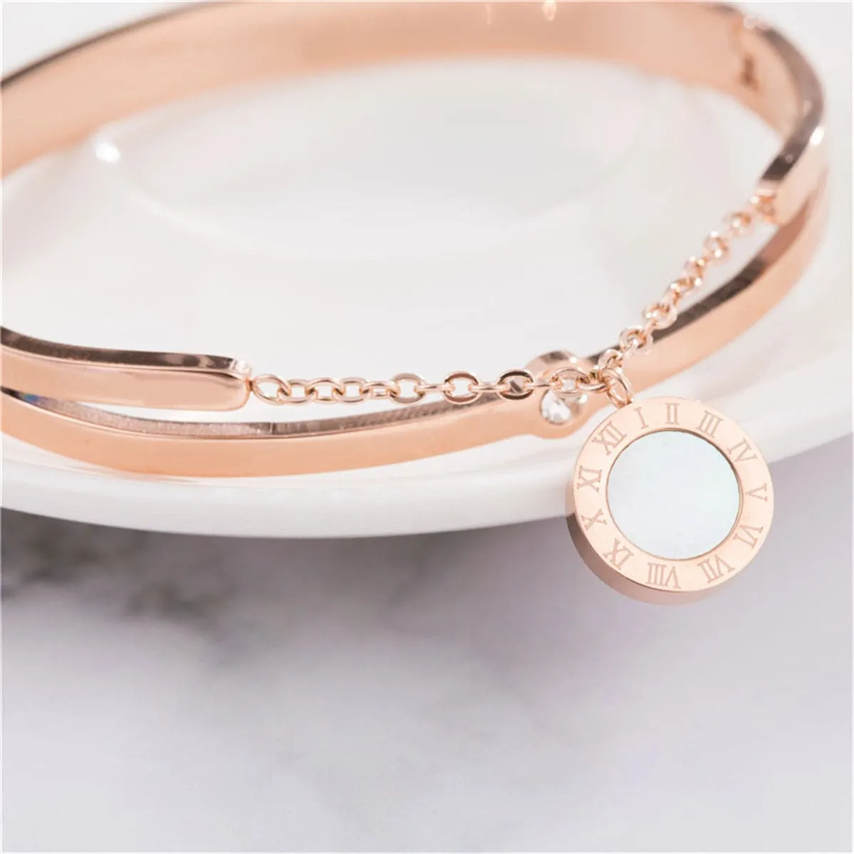 Cubic Zirconia & 18K Rose Gold-Plated Double-Layer Bangle