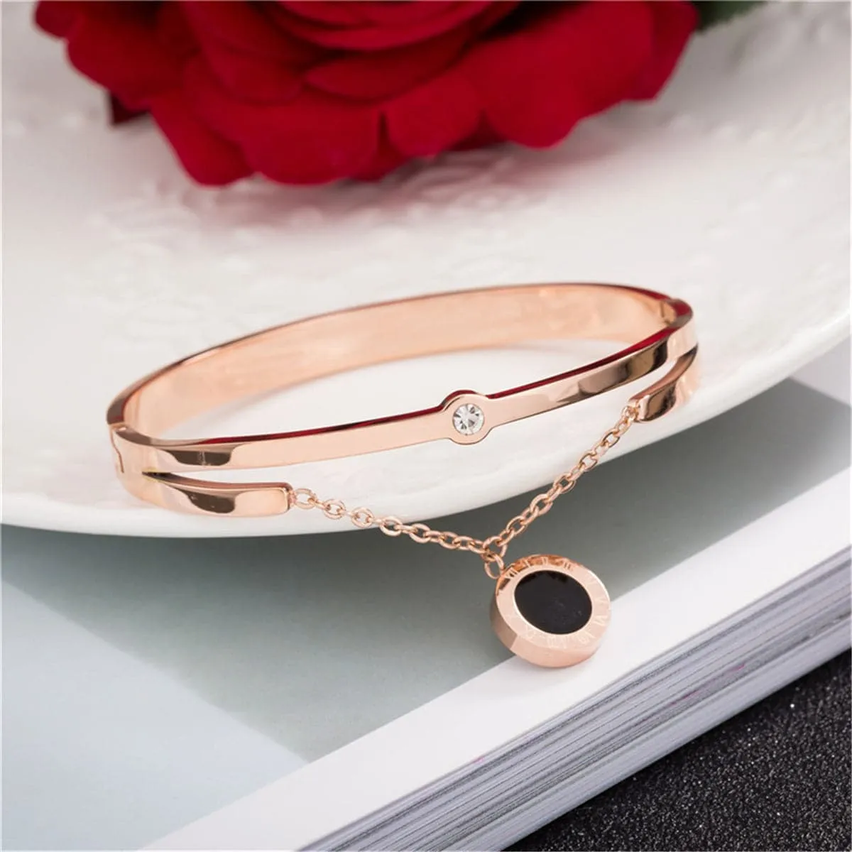 Cubic Zirconia & 18K Rose Gold-Plated Double-Layer Bangle