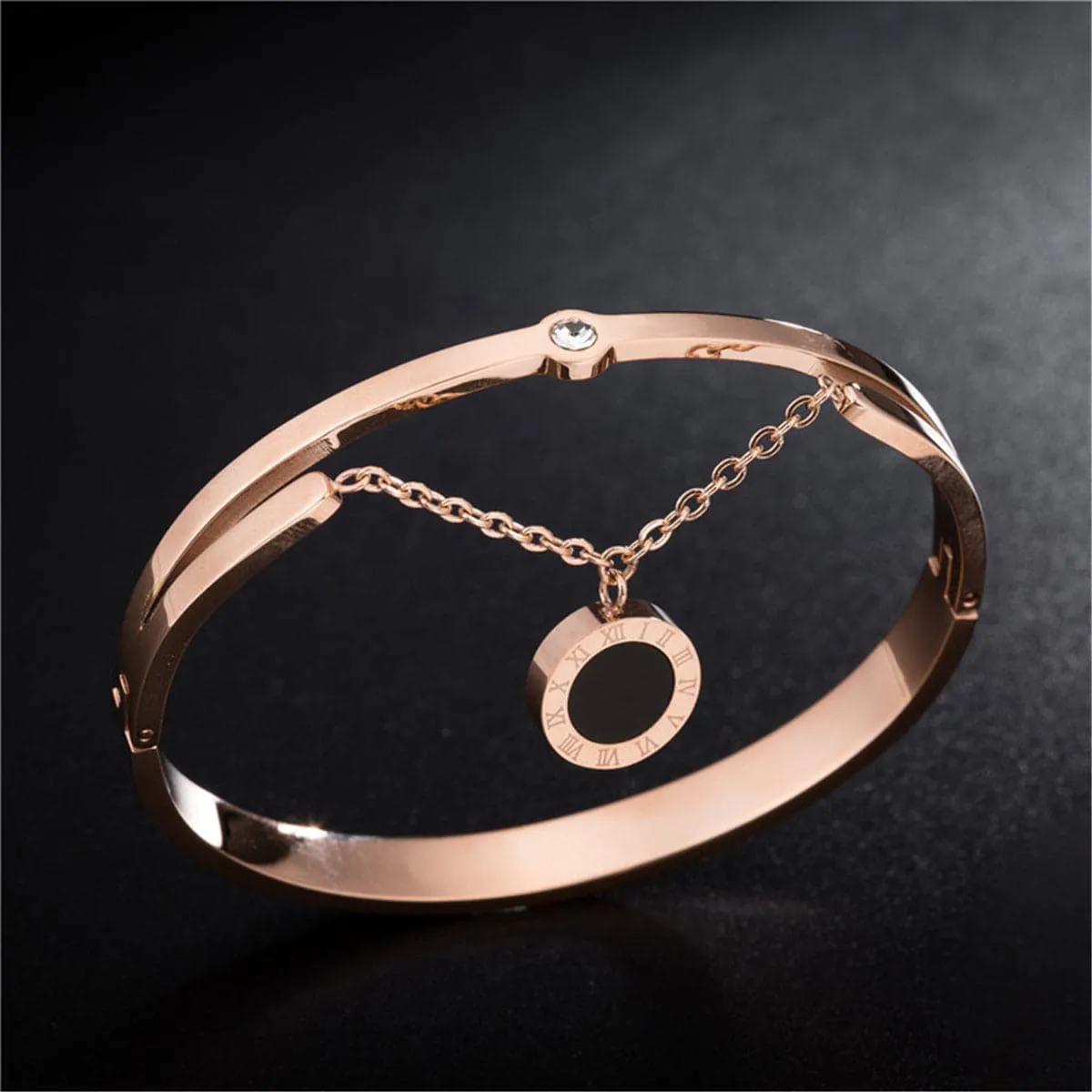 Cubic Zirconia & 18K Rose Gold-Plated Double-Layer Bangle