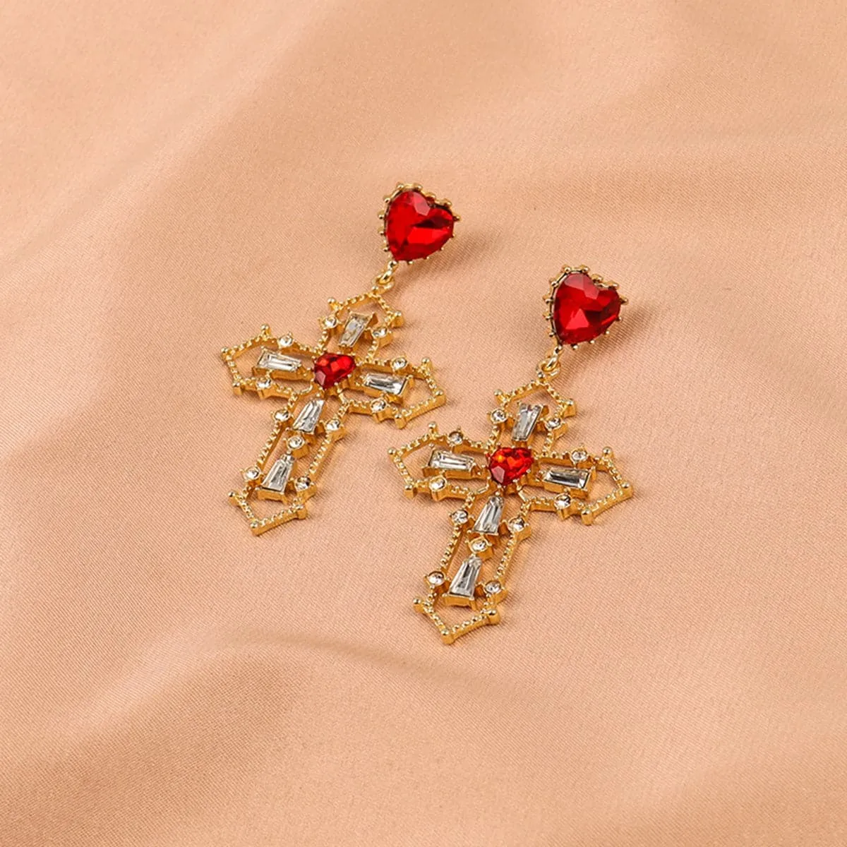 Cubic Zirconia & Crystal 18K Gold-Plated Heart Cross Dangle Earrings