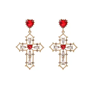 Cubic Zirconia & Crystal 18K Gold-Plated Heart Cross Dangle Earrings