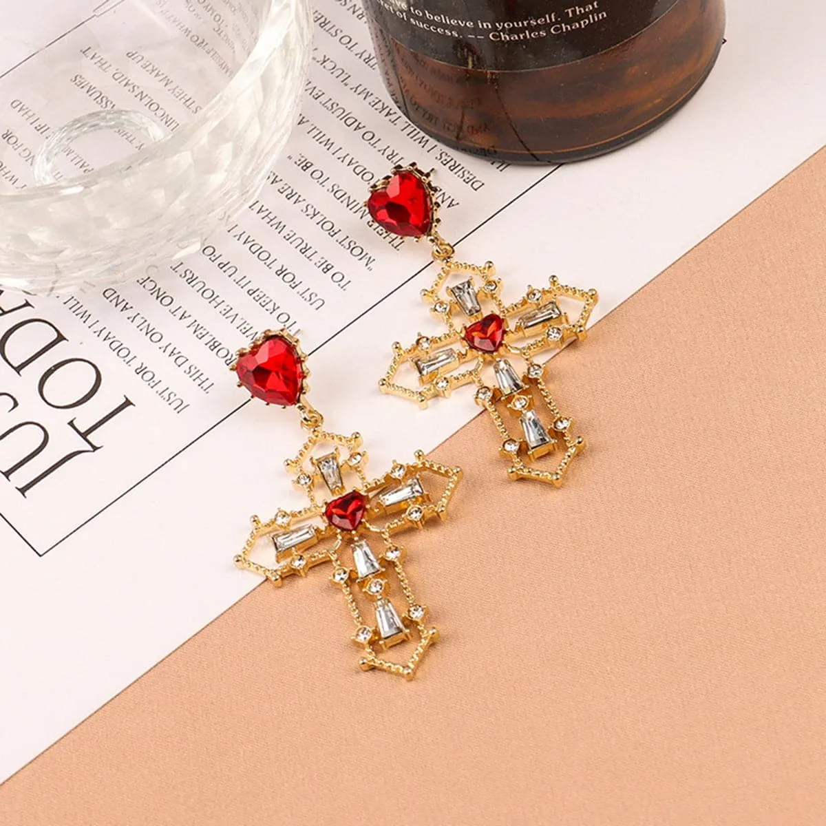 Cubic Zirconia & Crystal 18K Gold-Plated Heart Cross Dangle Earrings