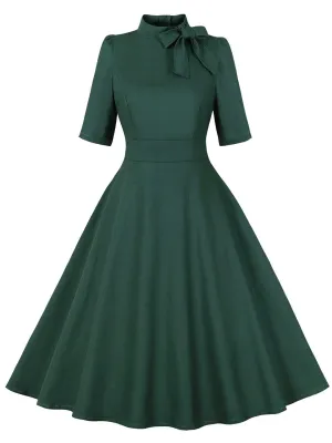 Dark Green Bow Collar Short Sleeve 1950S Vintage Dress