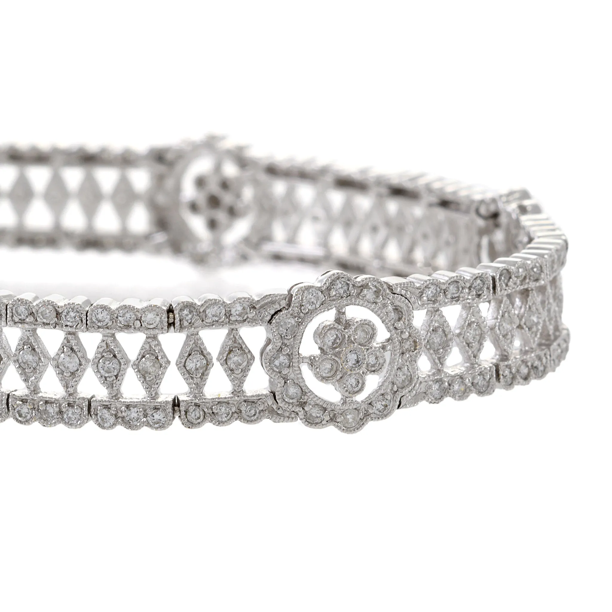 Estate 18KT White Gold Fancy Flower Filigree Diamond Bracelet
