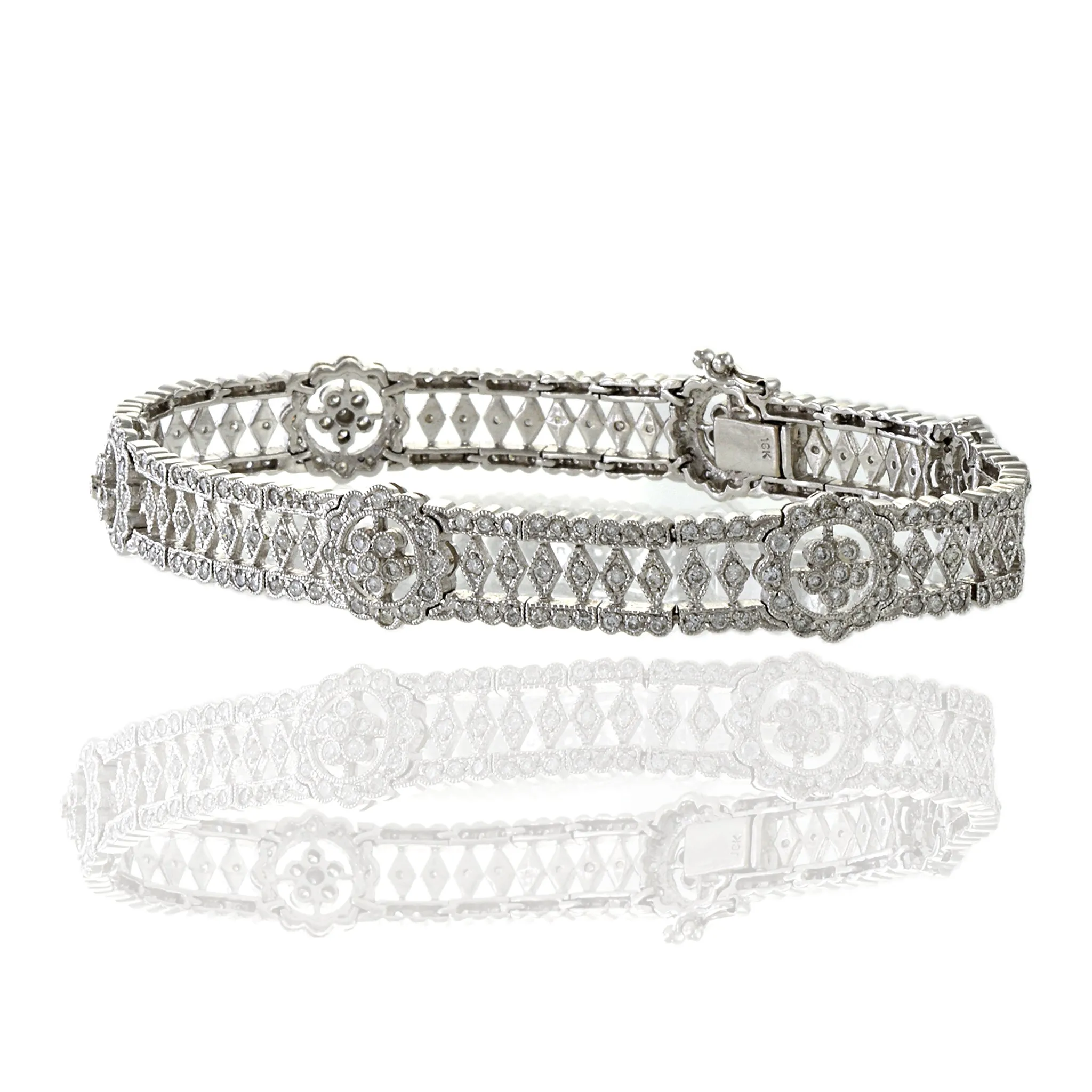 Estate 18KT White Gold Fancy Flower Filigree Diamond Bracelet