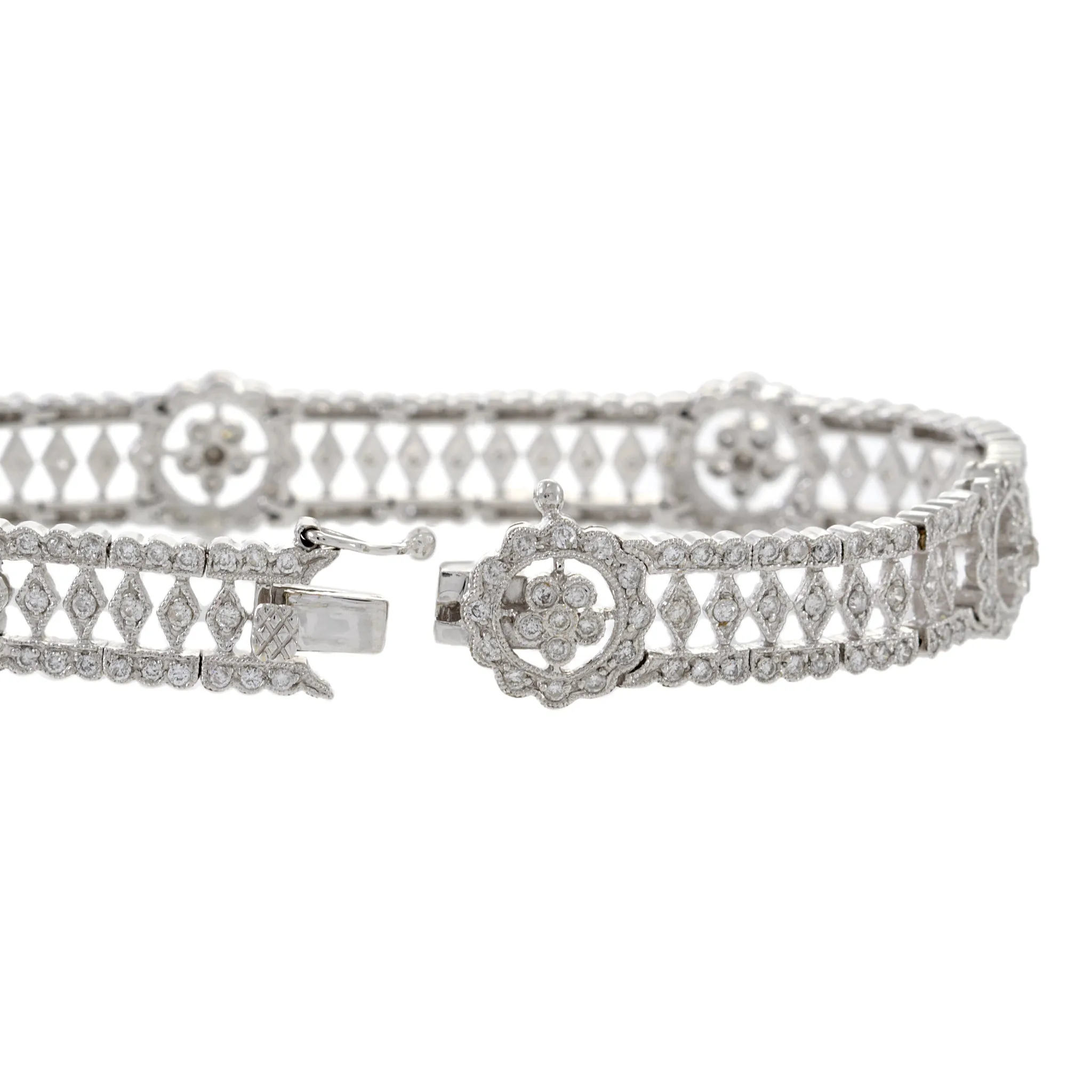 Estate 18KT White Gold Fancy Flower Filigree Diamond Bracelet