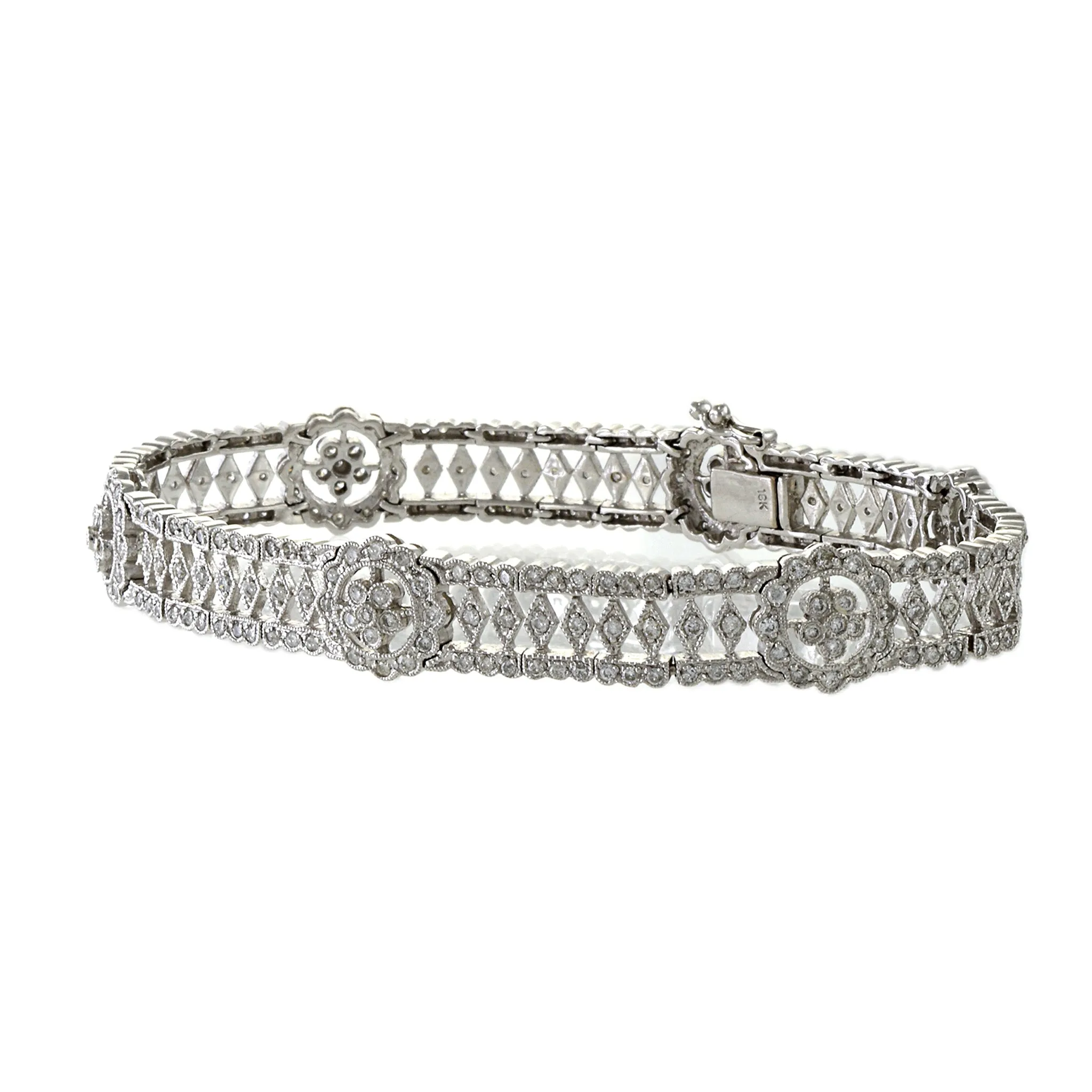 Estate 18KT White Gold Fancy Flower Filigree Diamond Bracelet