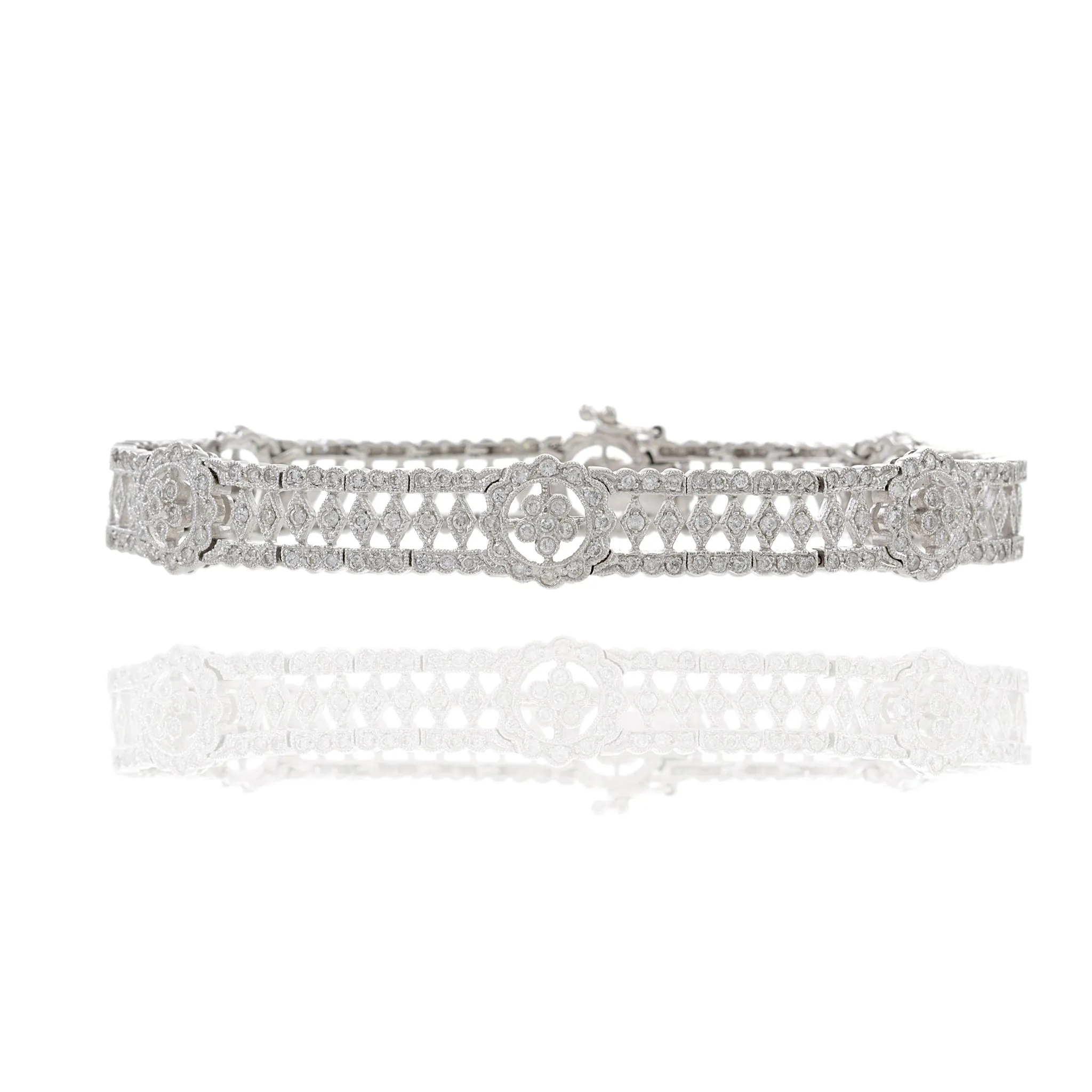 Estate 18KT White Gold Fancy Flower Filigree Diamond Bracelet