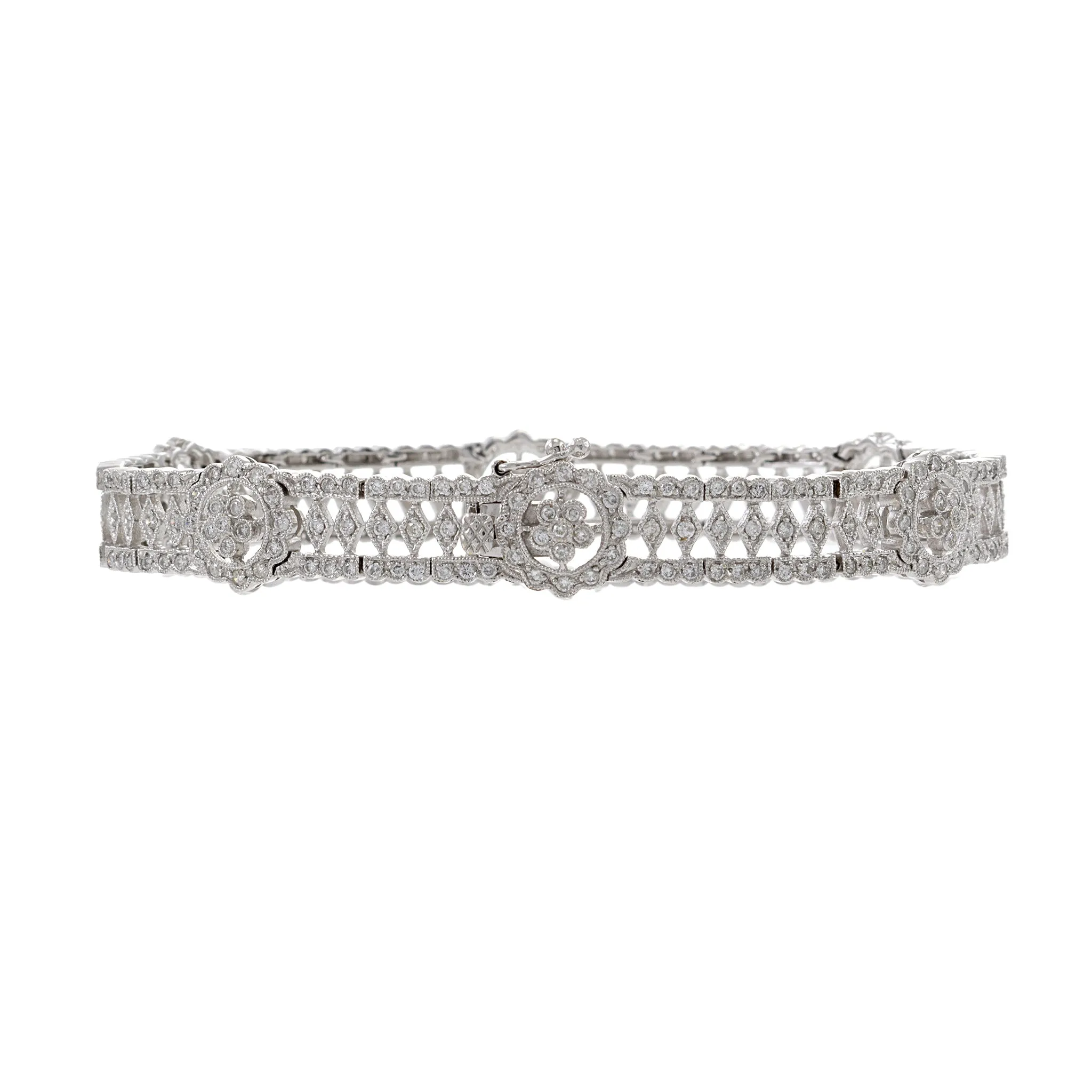 Estate 18KT White Gold Fancy Flower Filigree Diamond Bracelet