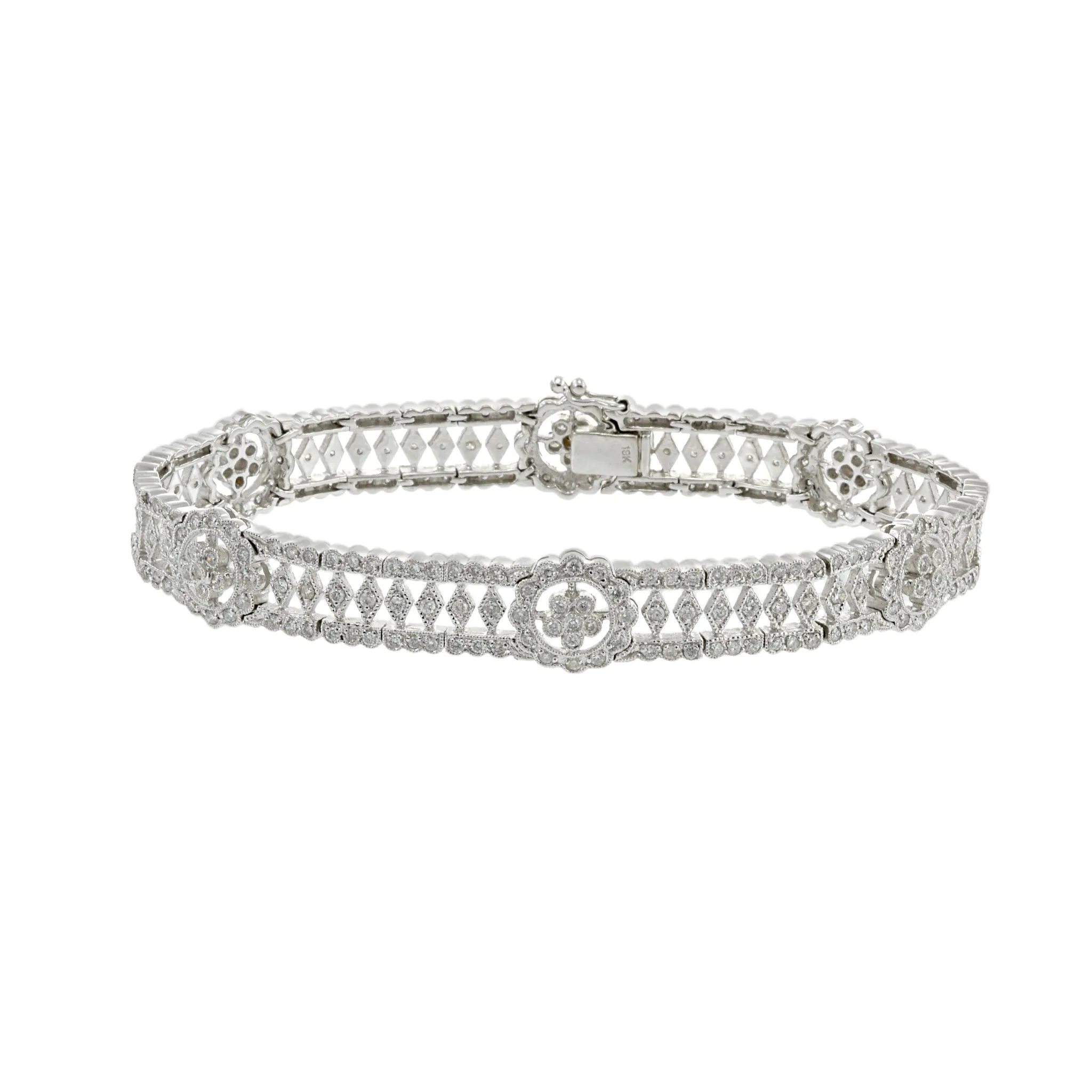 Estate 18KT White Gold Fancy Flower Filigree Diamond Bracelet