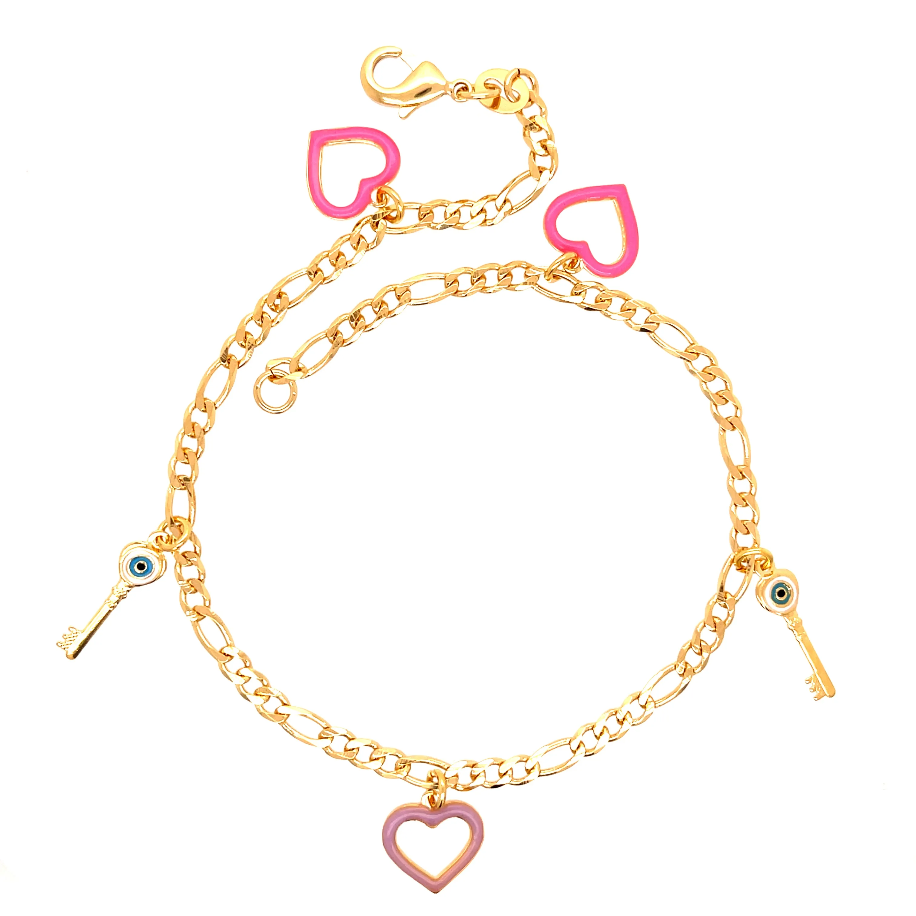 Evil Eye Keys and Hearts Charms bracelet figaro link chain
