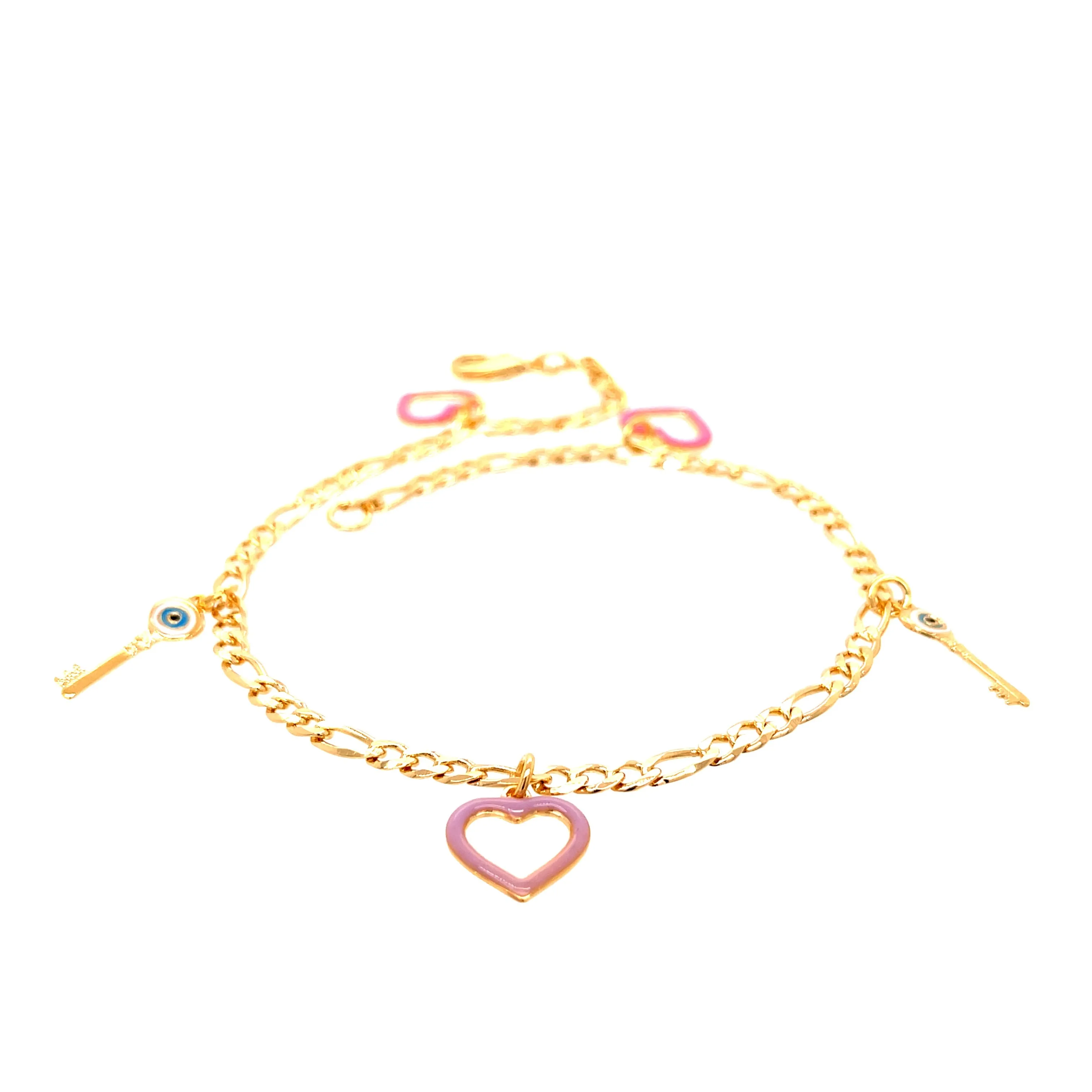 Evil Eye Keys and Hearts Charms bracelet figaro link chain