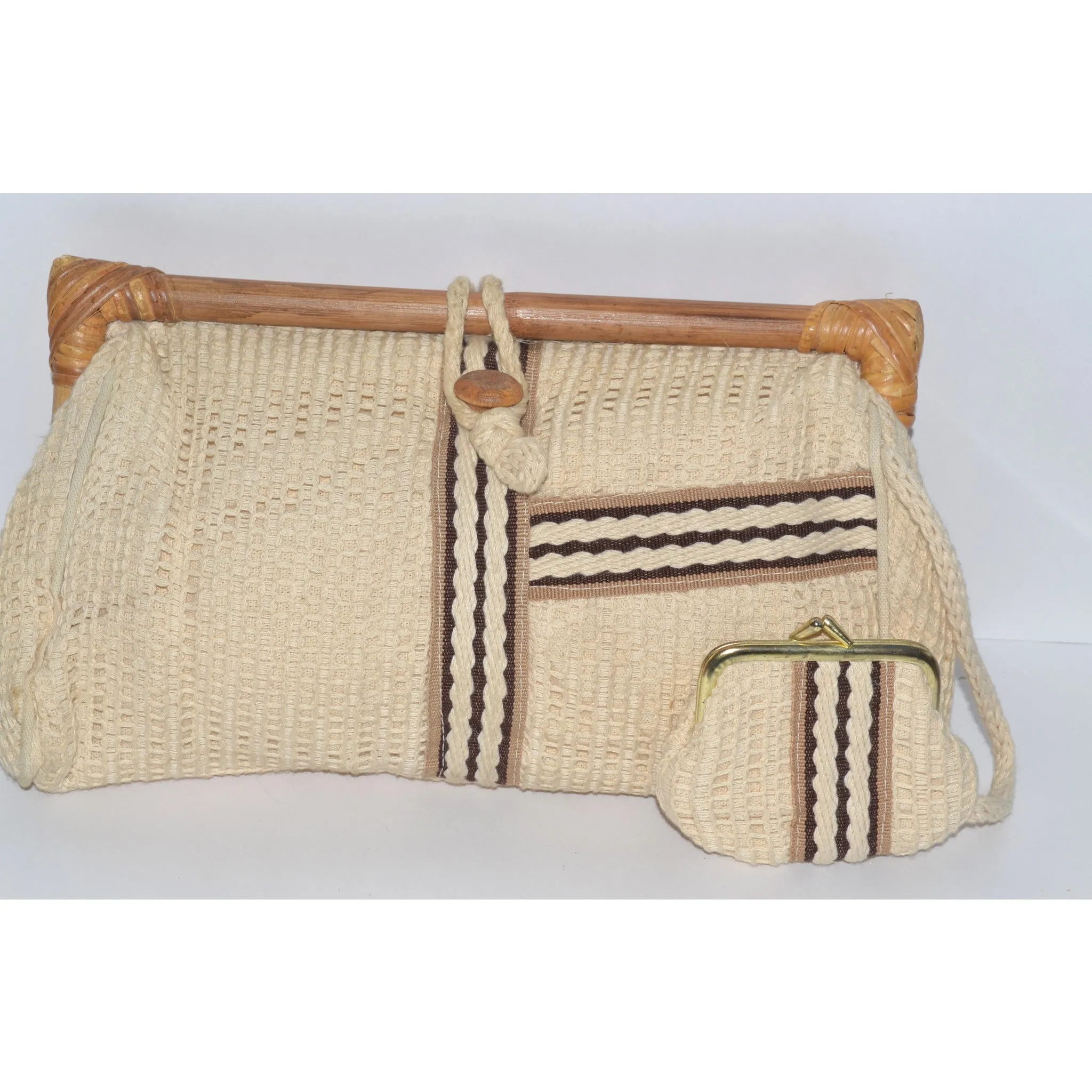 Eyelet Cloth Wood Trimmed Clutch Purse