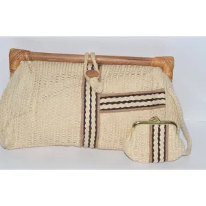Eyelet Cloth Wood Trimmed Clutch Purse