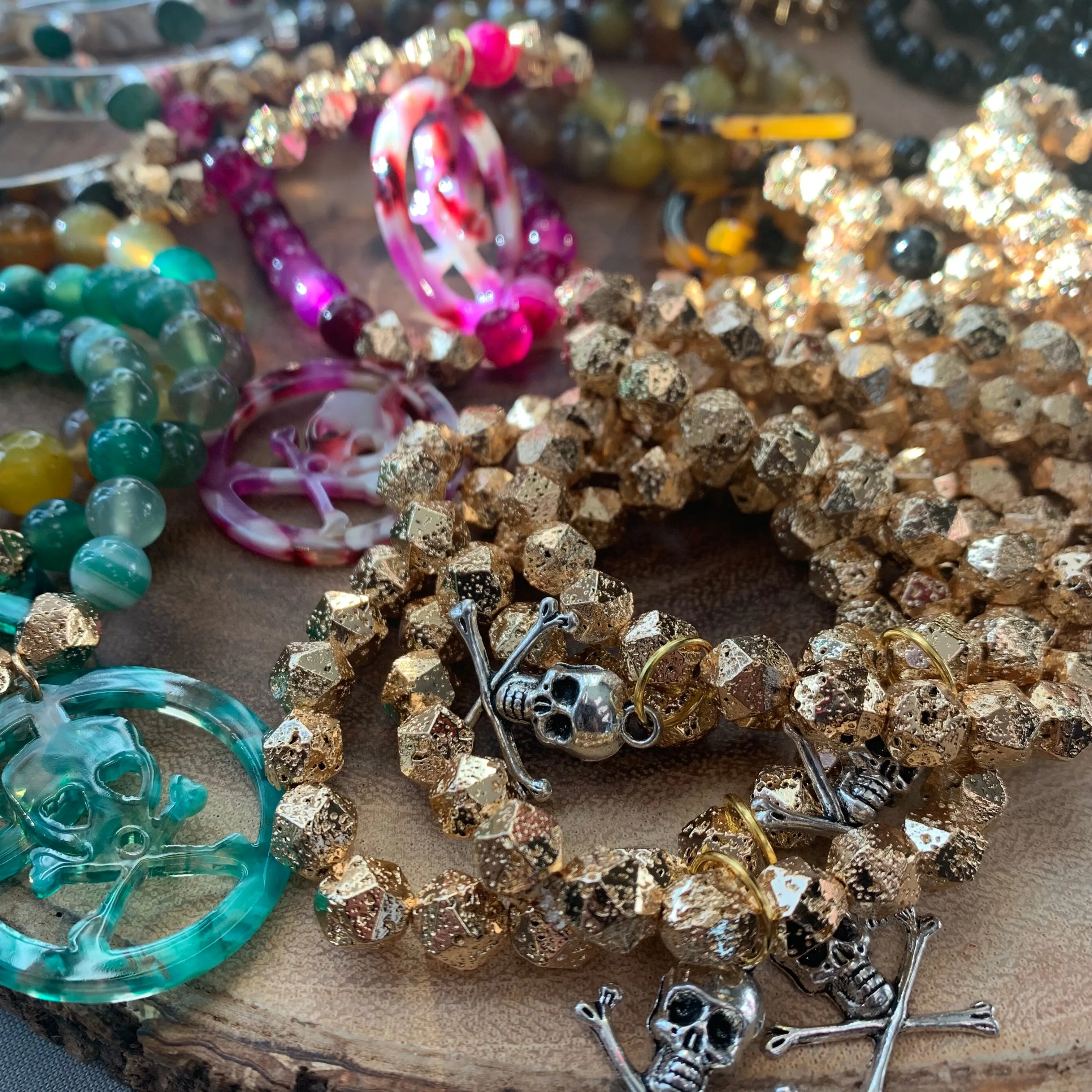 Faceted Gold Plated Lava Rock Beads Bracelet with a Metal Crossed Bones and Skull Charm 410-09 | Erika Williner Designs