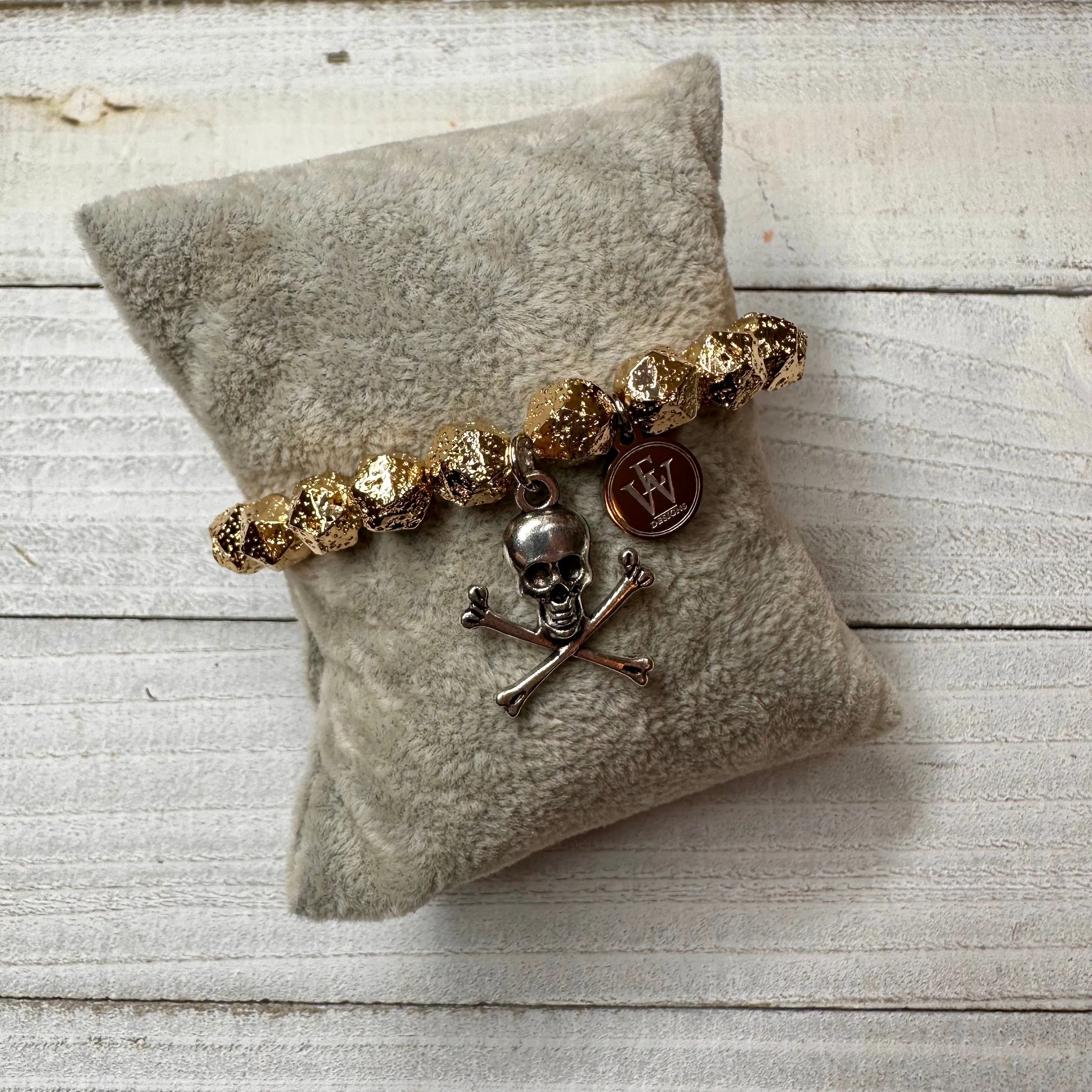 Faceted Gold Plated Lava Rock Beads Bracelet with a Metal Crossed Bones and Skull Charm 410-09 | Erika Williner Designs
