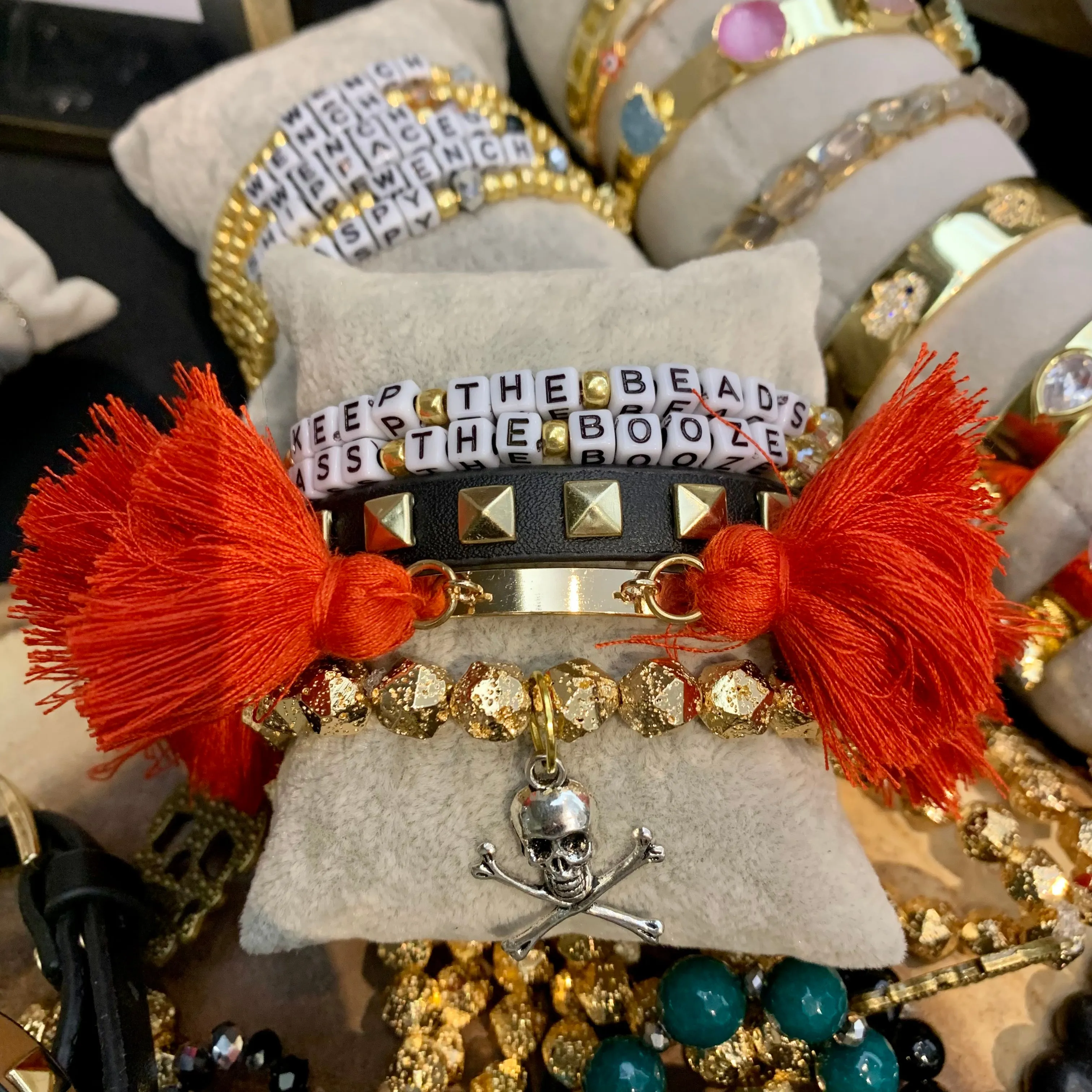 Faceted Gold Plated Lava Rock Beads Bracelet with a Metal Crossed Bones and Skull Charm 410-09 | Erika Williner Designs