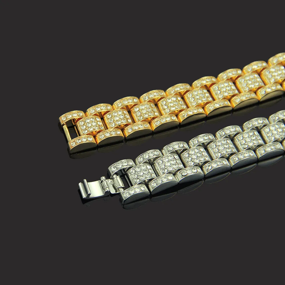 Fashion Hip Hop Diamond Bracelet Chain Punk Jewelry Gold Plated 7.5"-9.1"
