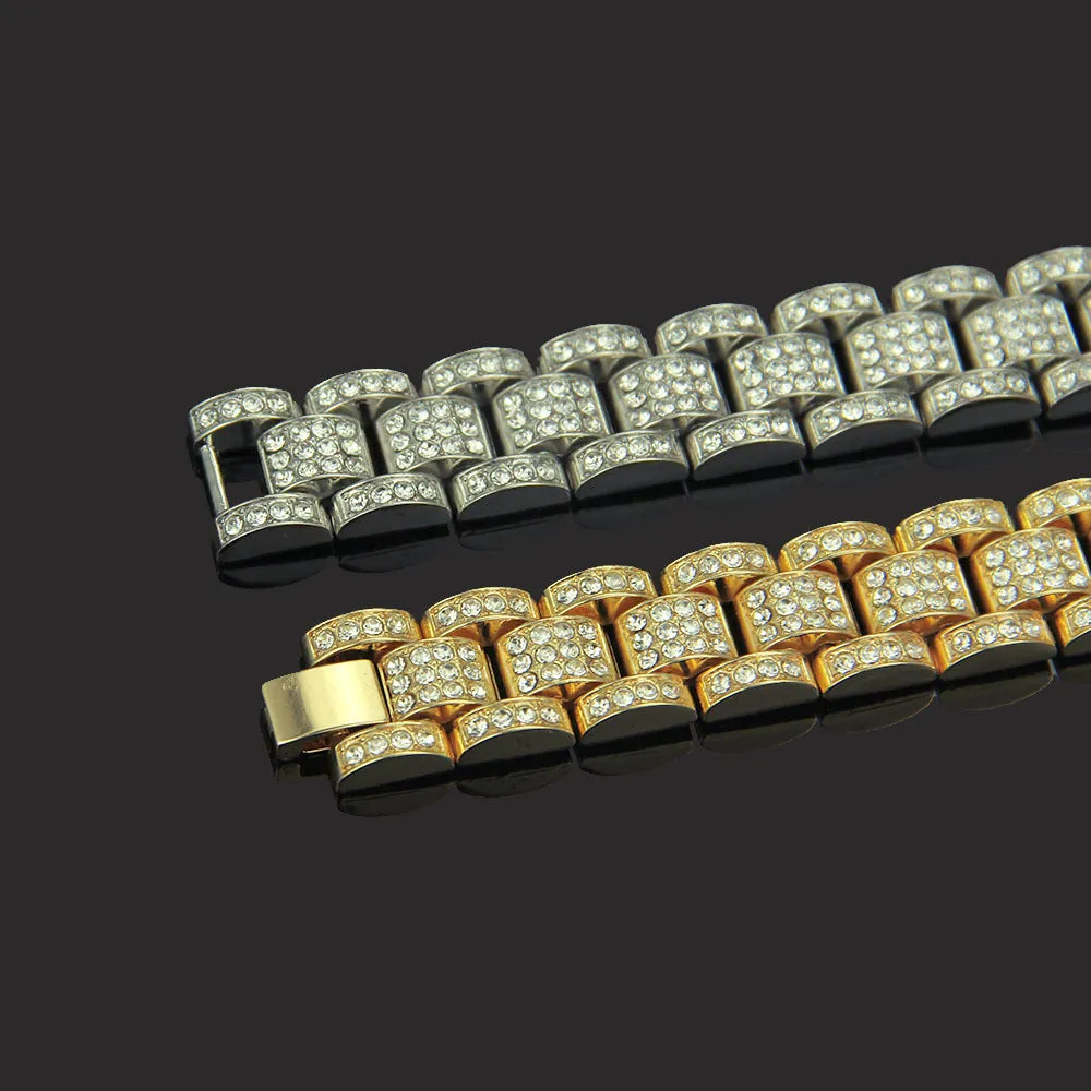 Fashion Hip Hop Diamond Bracelet Chain Punk Jewelry Gold Plated 7.5"-9.1"