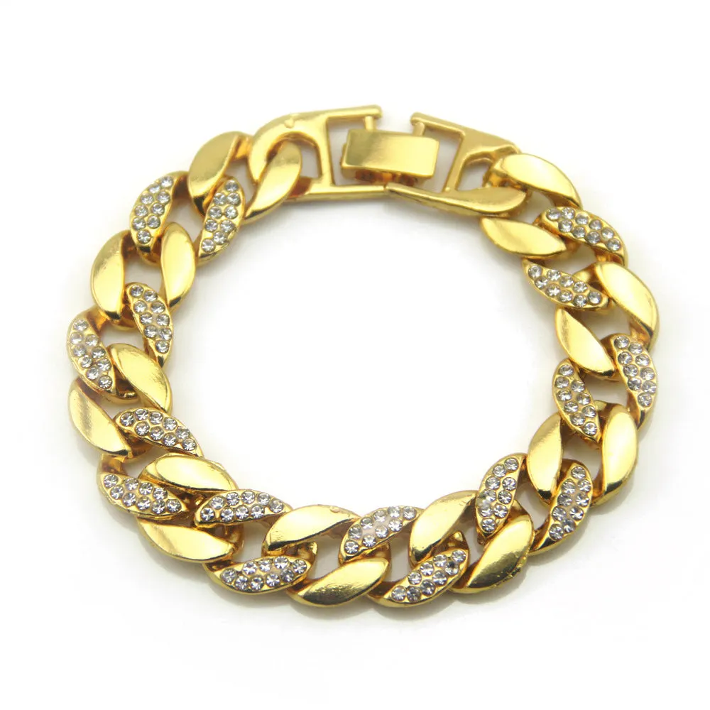 Fashion Hip Hop Diamond Bracelet Jewelry Miami Cuban Chain 18k Gold Plated 7.5"-9.1"