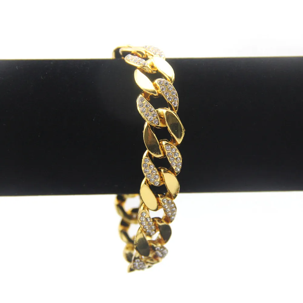 Fashion Hip Hop Diamond Bracelet Jewelry Miami Cuban Chain 18k Gold Plated 7.5"-9.1"