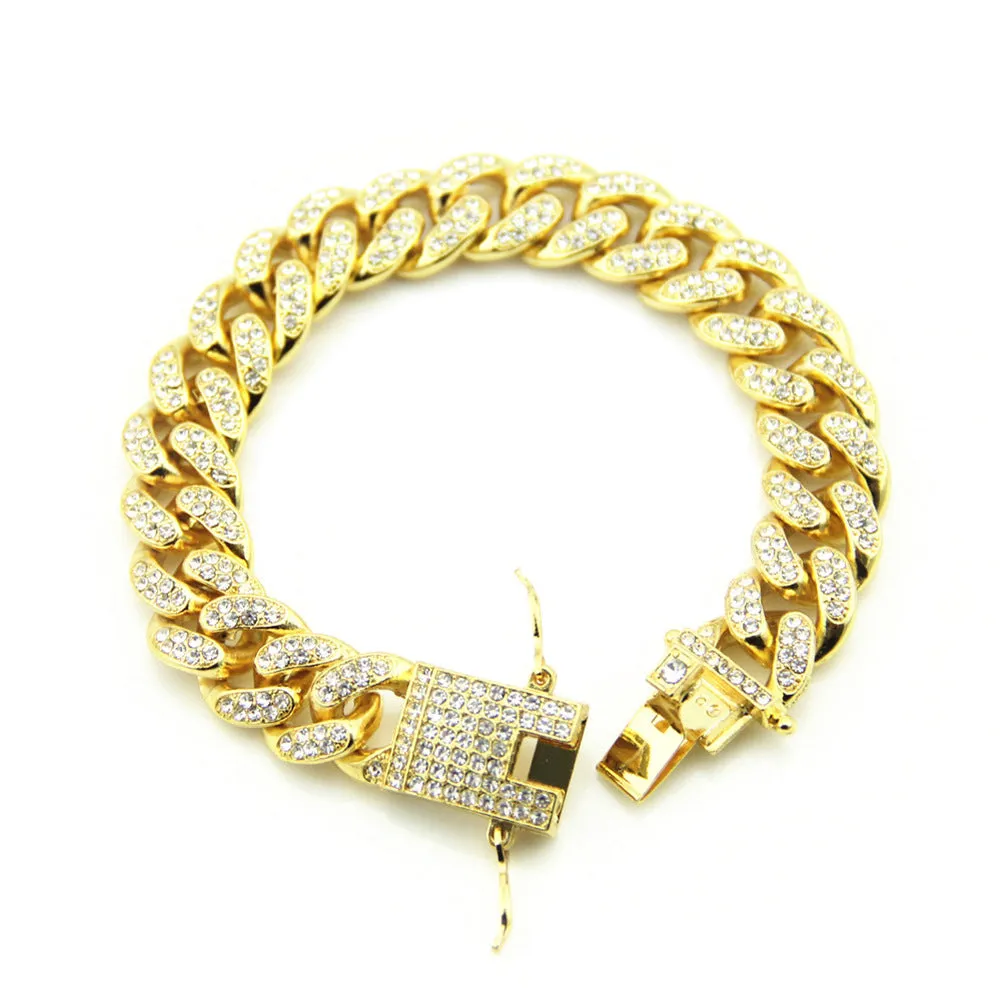 Fashion Hip Hop Diamond Bracelet Jewelry Miami Cuban Chain Gold Plated 7.1"-9.1"