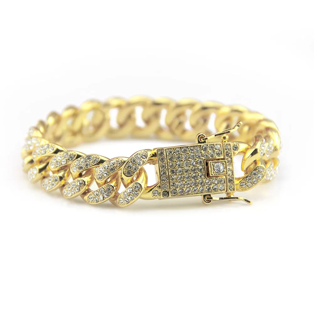 Fashion Hip Hop Diamond Bracelet Jewelry Miami Cuban Chain Gold Plated 7.1"-9.1"