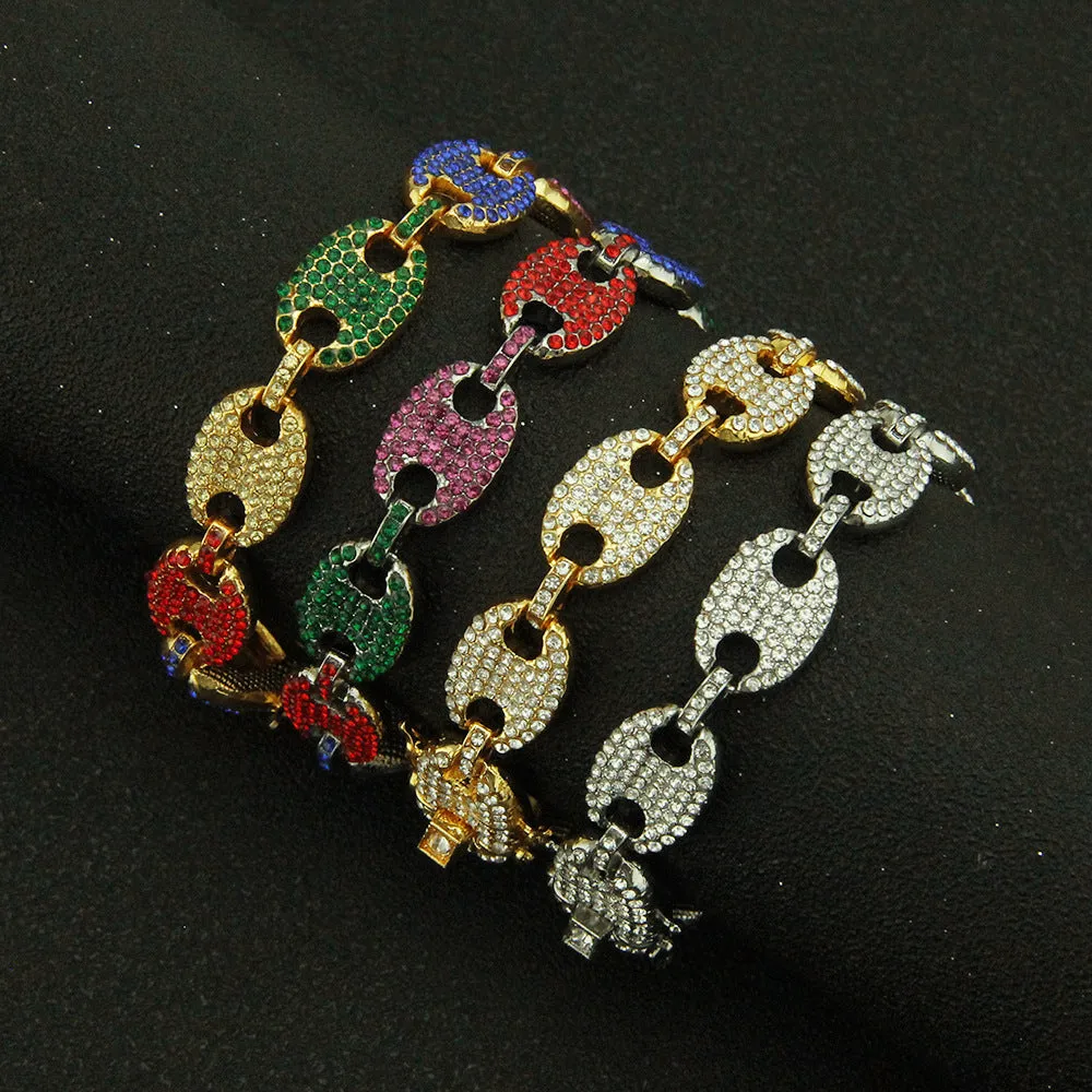 Fashion Hip Hop Multicolor Diamond Bracelet Chain Link Punk Jewelry 7.1"-9.1"