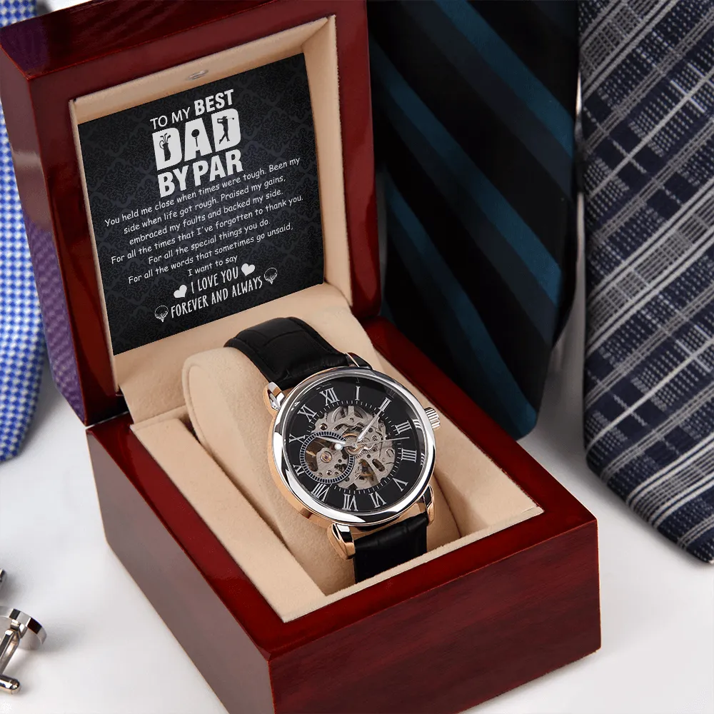 Father's Day Gift For Golf Dad - Best Dad By Par - Openwork Watch - Message Card Gift From Son, Daughter