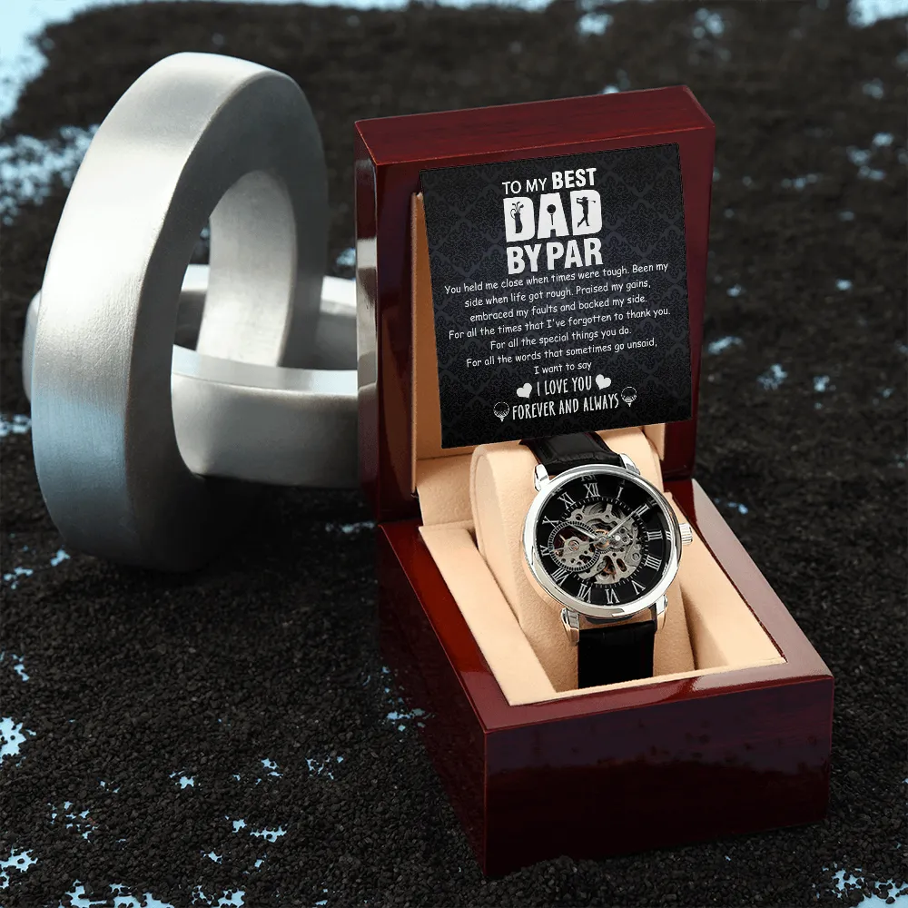 Father's Day Gift For Golf Dad - Best Dad By Par - Openwork Watch - Message Card Gift From Son, Daughter