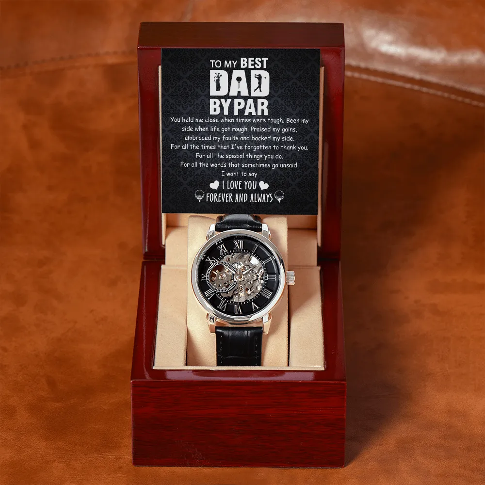 Father's Day Gift For Golf Dad - Best Dad By Par - Openwork Watch - Message Card Gift From Son, Daughter