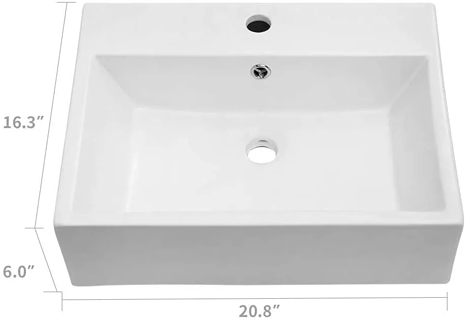Floating Bathroom Sink Wall Mounted - Lordear 21"x16" Bathroom Vessel Sink Floating Wall Hung Sink Rectangle White Porcelain Ceramic Vessel Vanity Sink Art Basin with Faucet Hole and Overflow
