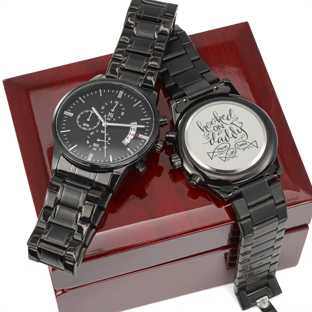 Gift For Dad From Kids, Custom Engraved Watch, Hooked On Daddy