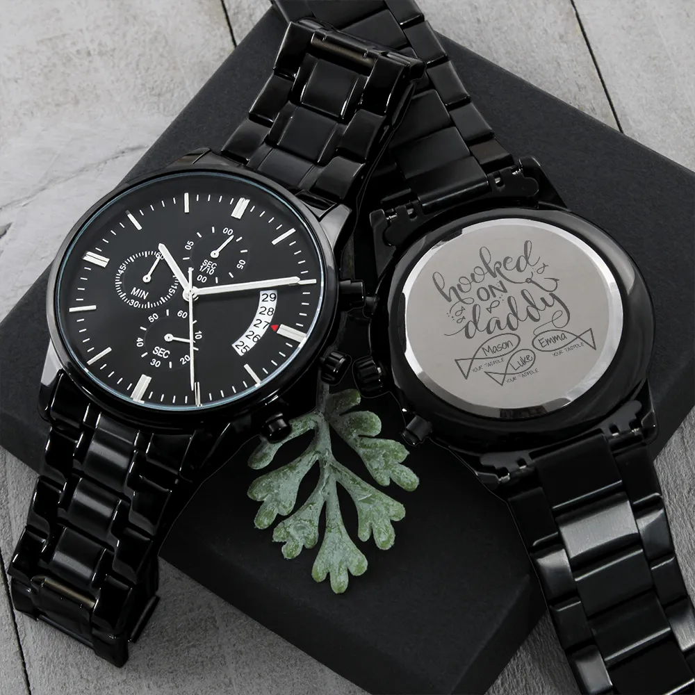 Gift For Dad From Kids, Custom Engraved Watch, Hooked On Daddy