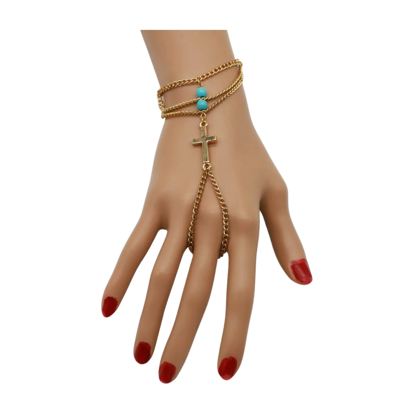 Gold Metal Hand Chain Bracelet Cross Charm Turquoise Blue Color Ring