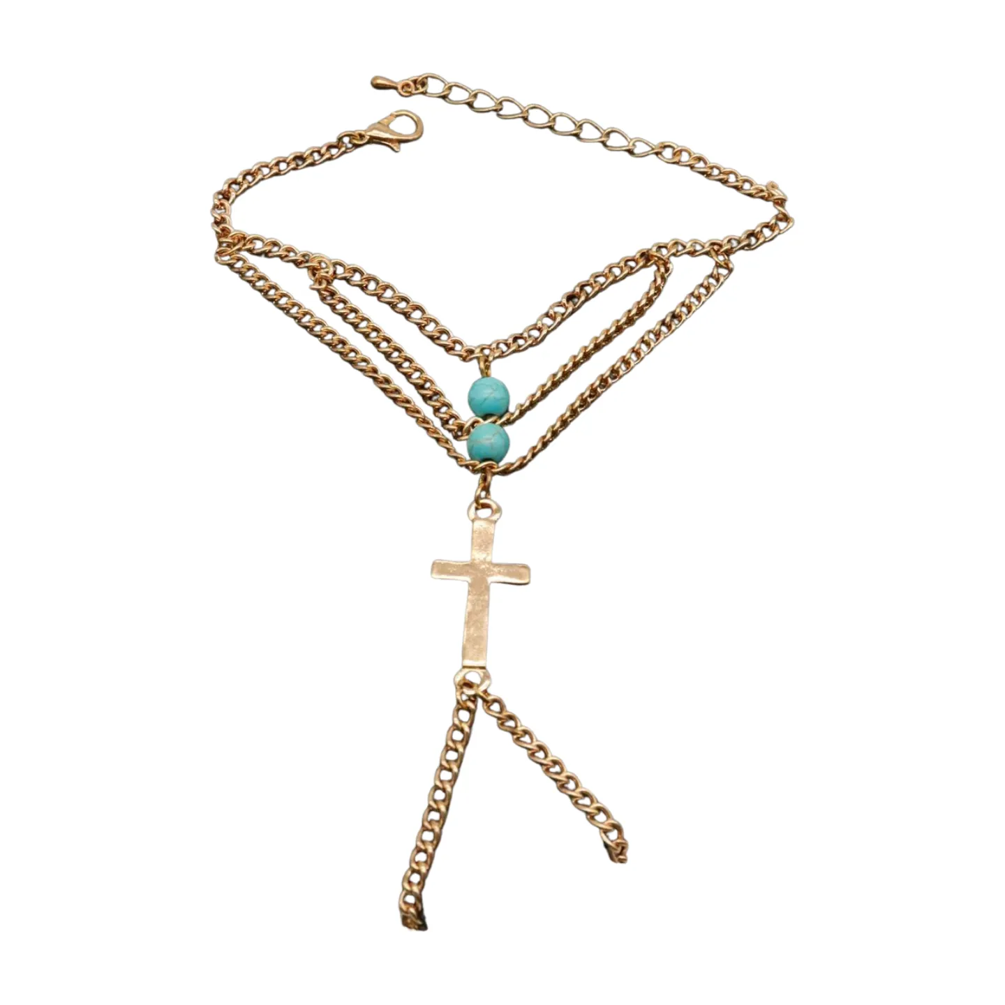 Gold Metal Hand Chain Bracelet Cross Charm Turquoise Blue Color Ring