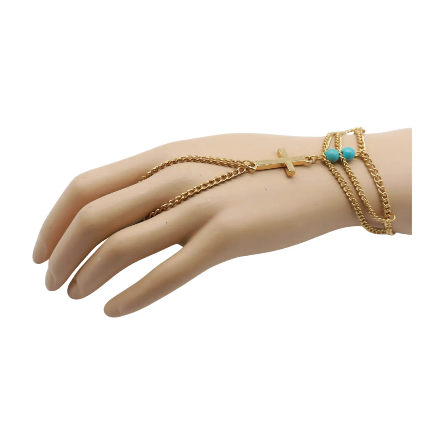Gold Metal Hand Chain Bracelet Cross Charm Turquoise Blue Color Ring