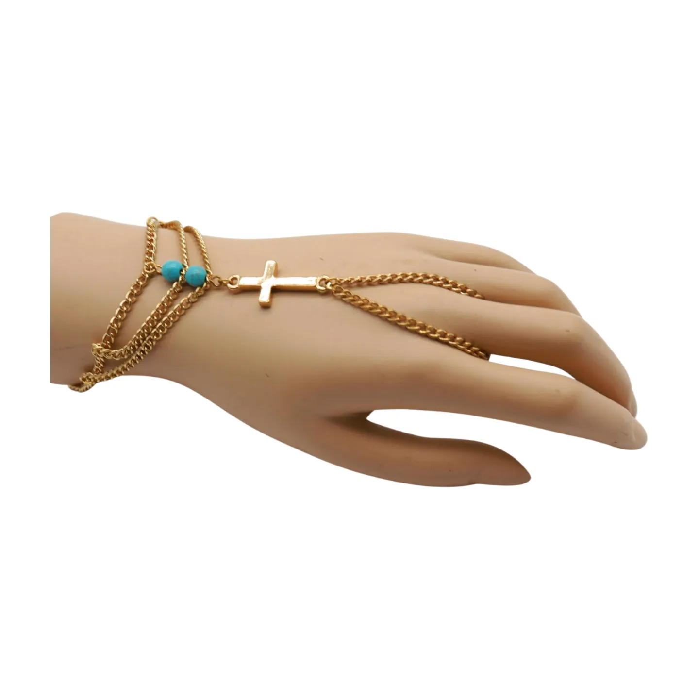 Gold Metal Hand Chain Bracelet Cross Charm Turquoise Blue Color Ring