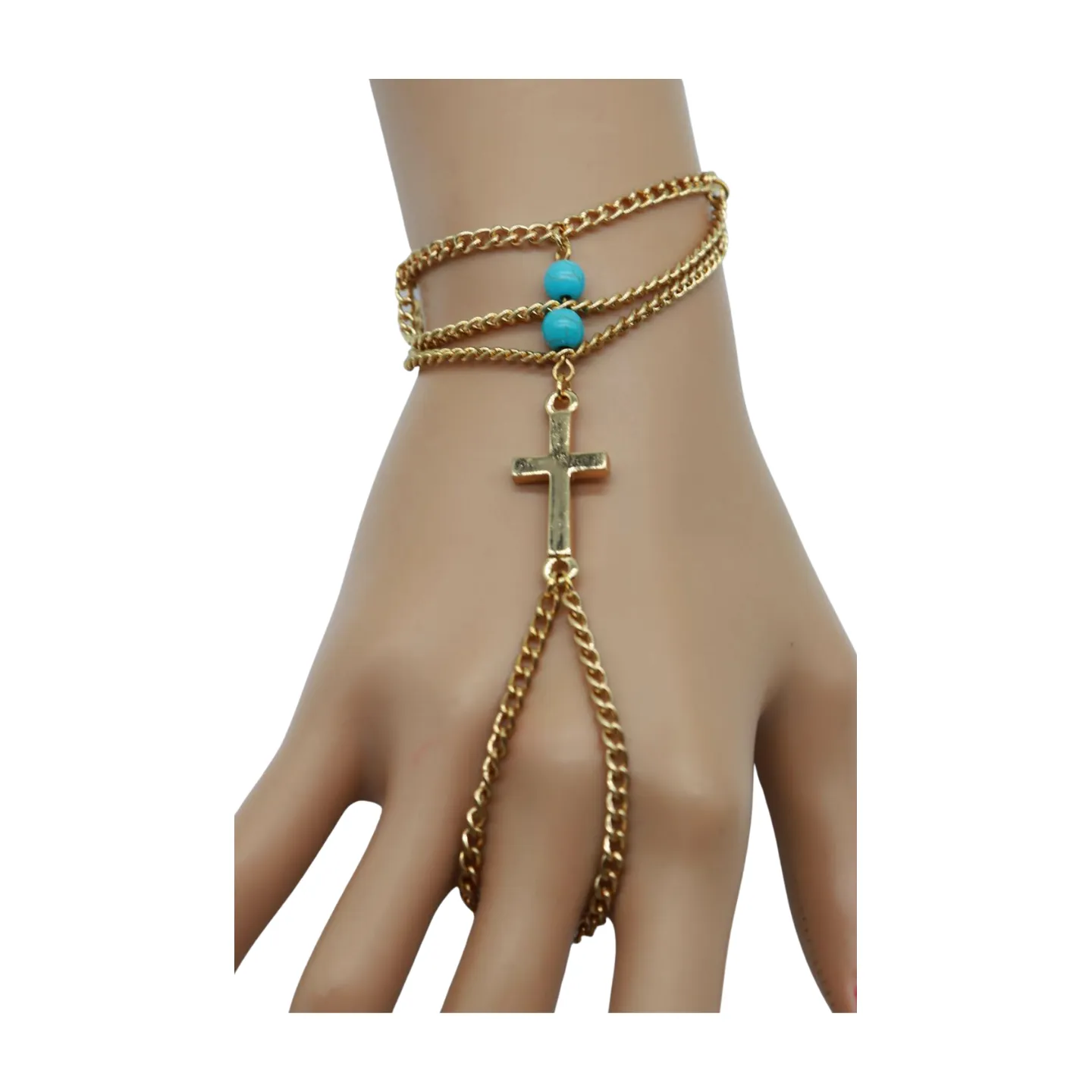 Gold Metal Hand Chain Bracelet Cross Charm Turquoise Blue Color Ring