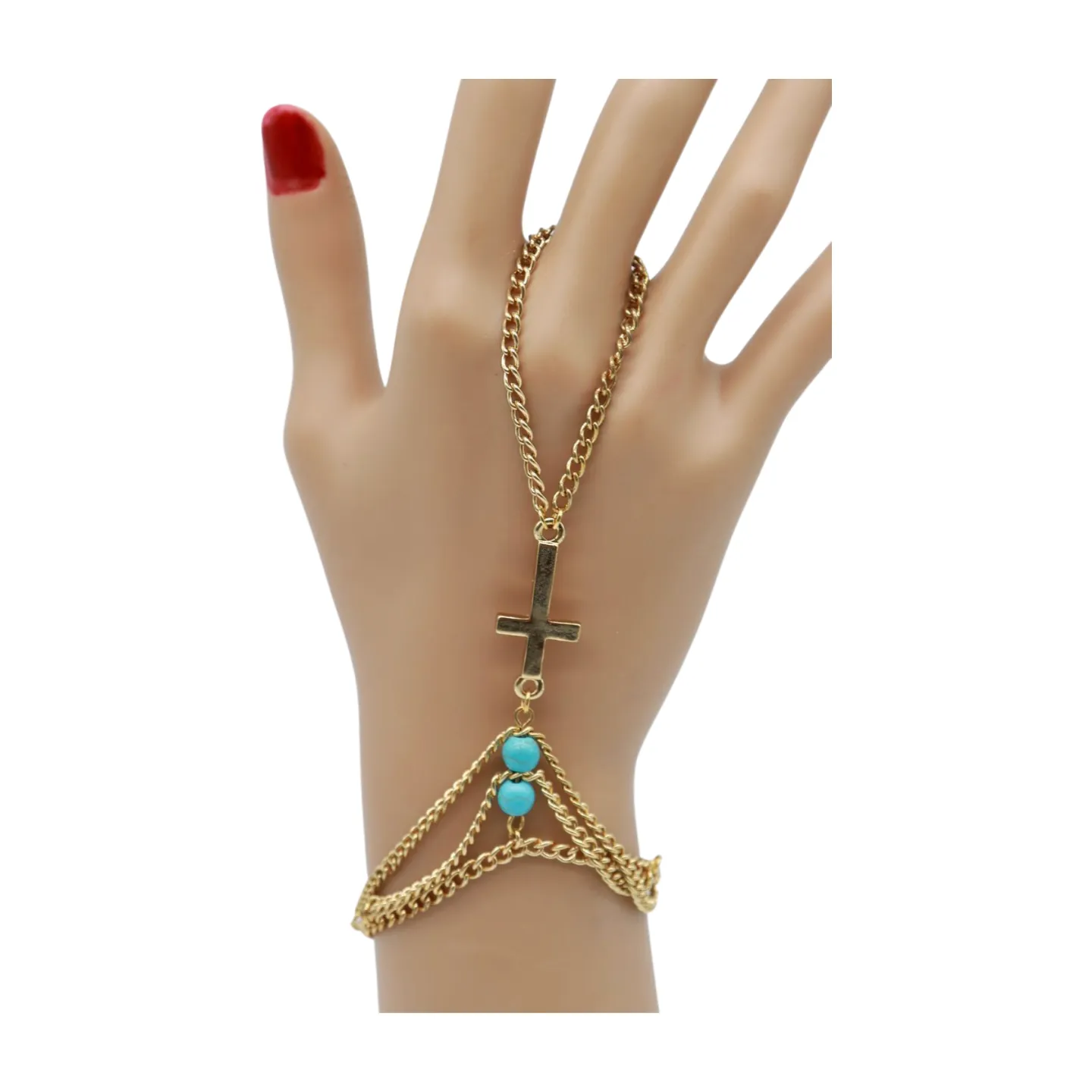 Gold Metal Hand Chain Bracelet Cross Charm Turquoise Blue Color Ring