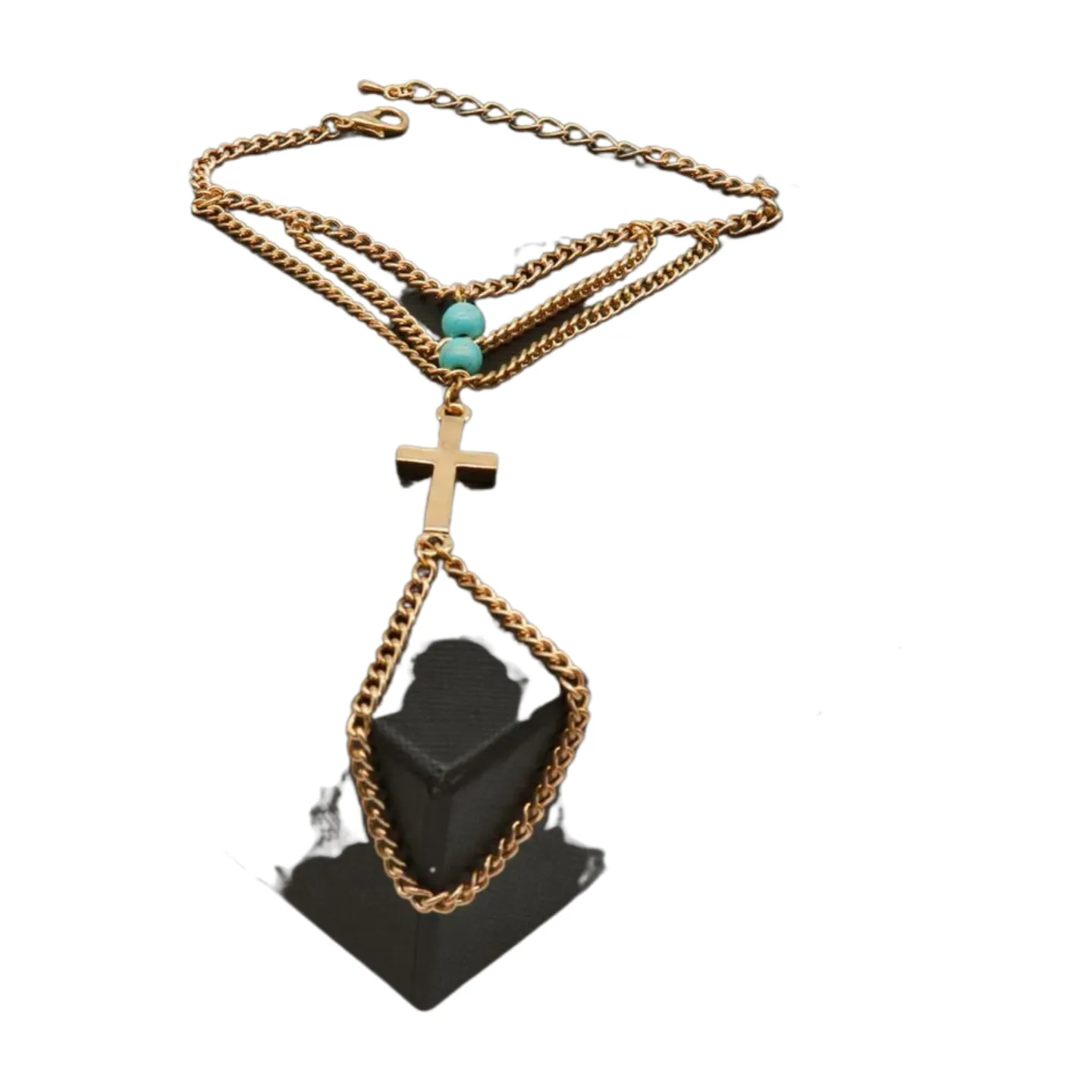Gold Metal Hand Chain Bracelet Cross Charm Turquoise Blue Color Ring