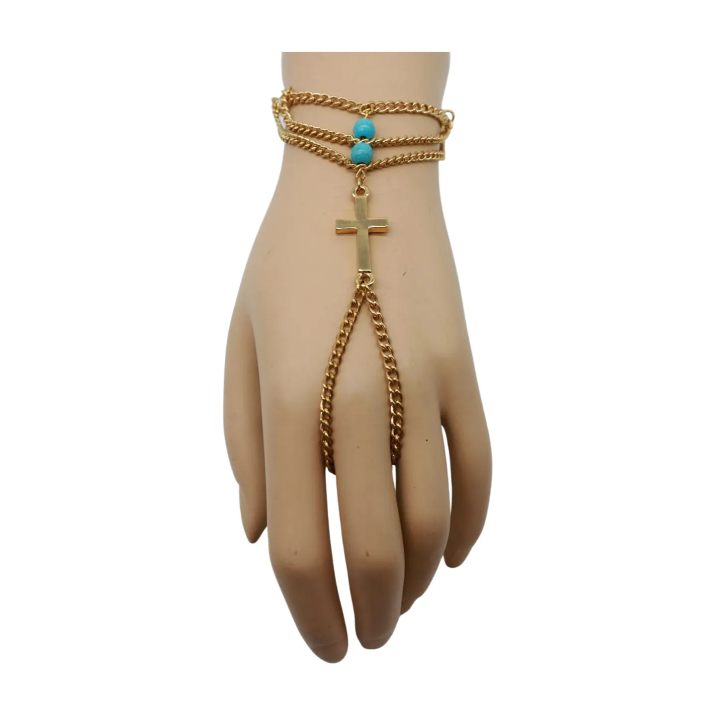 Gold Metal Hand Chain Bracelet Cross Charm Turquoise Blue Color Ring