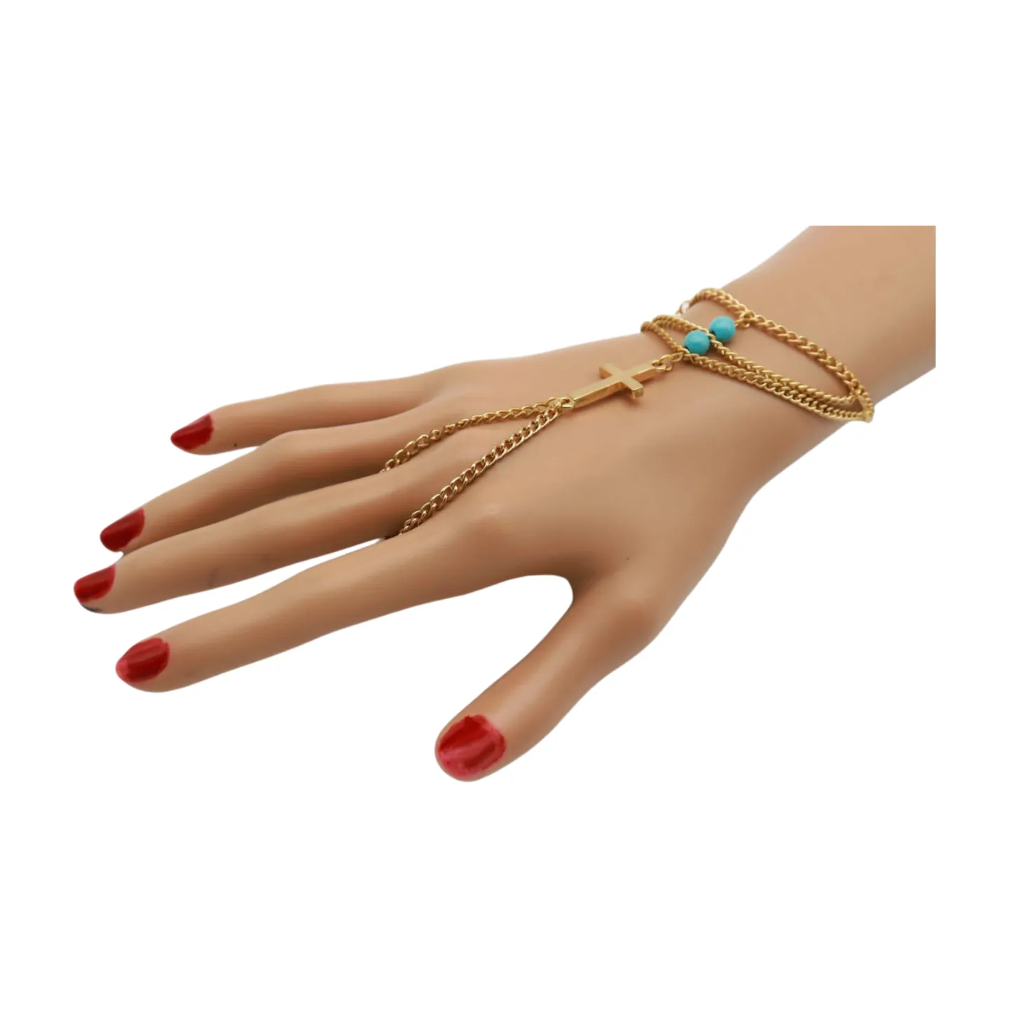 Gold Metal Hand Chain Bracelet Cross Charm Turquoise Blue Color Ring